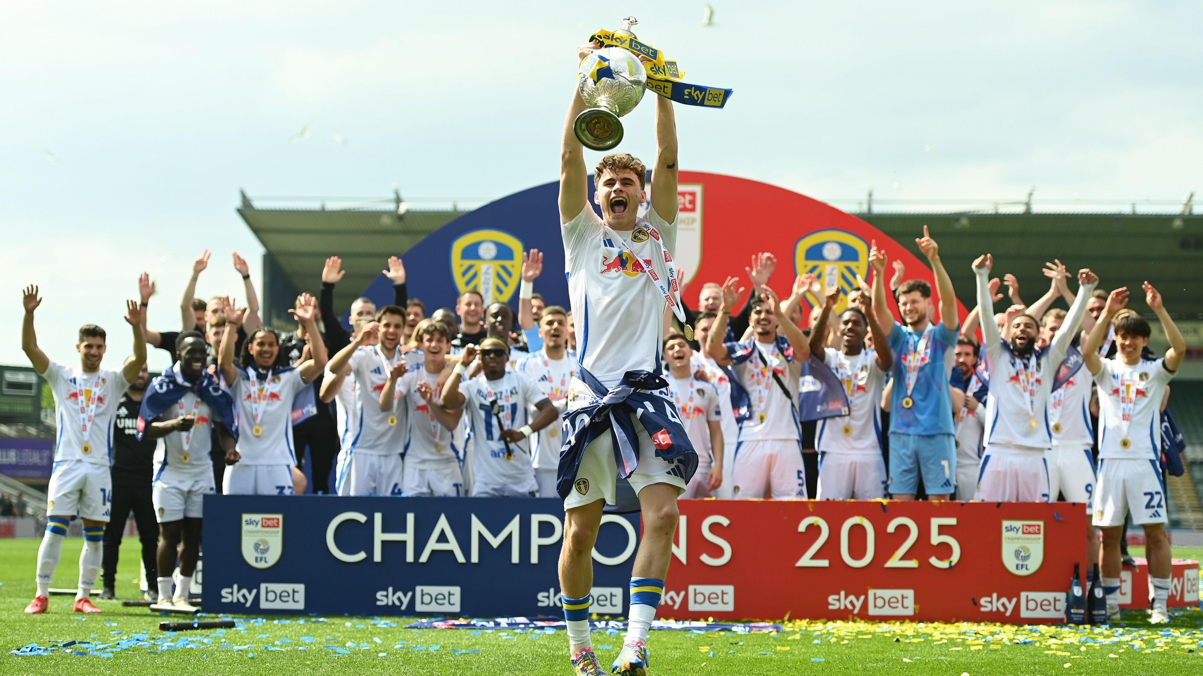 Leeds United celebrating winning the Championship trophy in May