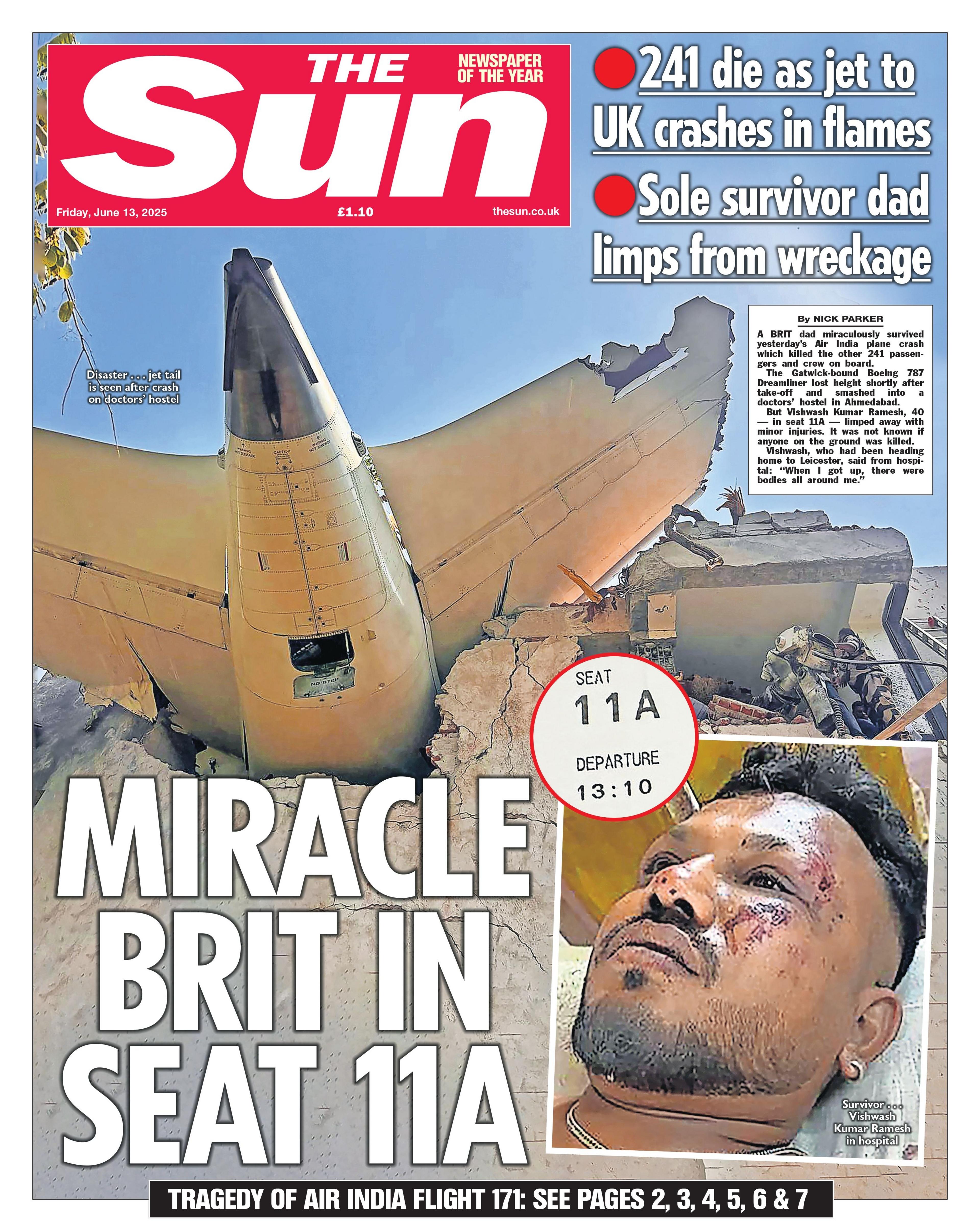 The headline on the front page of The Sun reads: "The miracle of seat 11A".