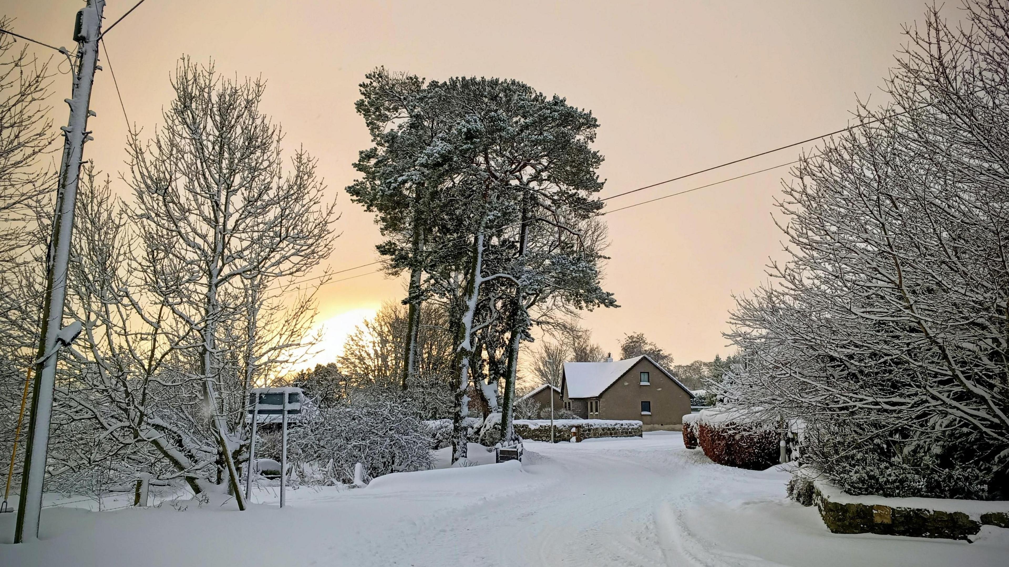 Snow-covered road leads to a house. Sunshine peeks through the clouds
