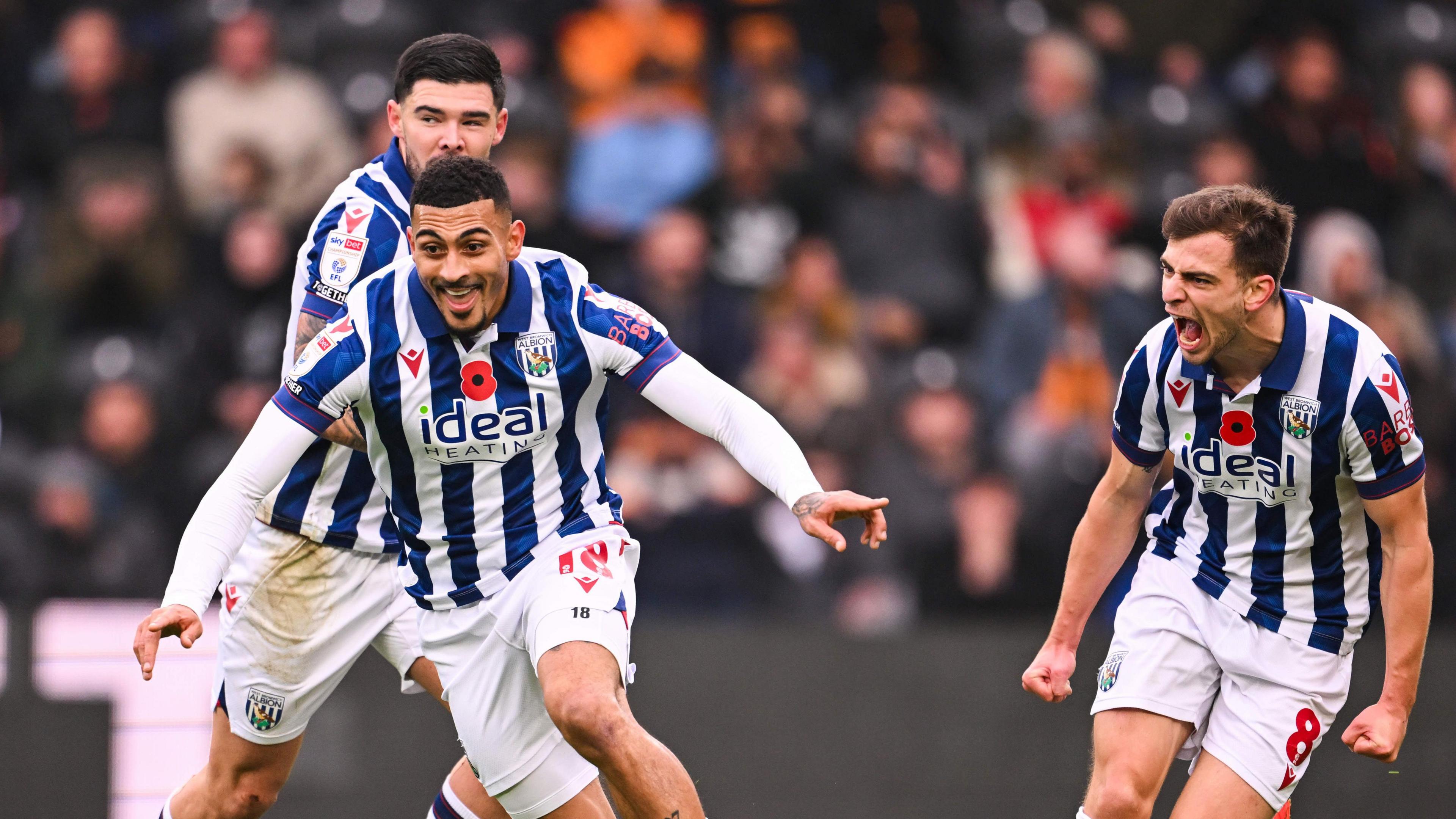 Karlan Grant celebrates West Bromwich Albion's opening goal at the MKM Stadium