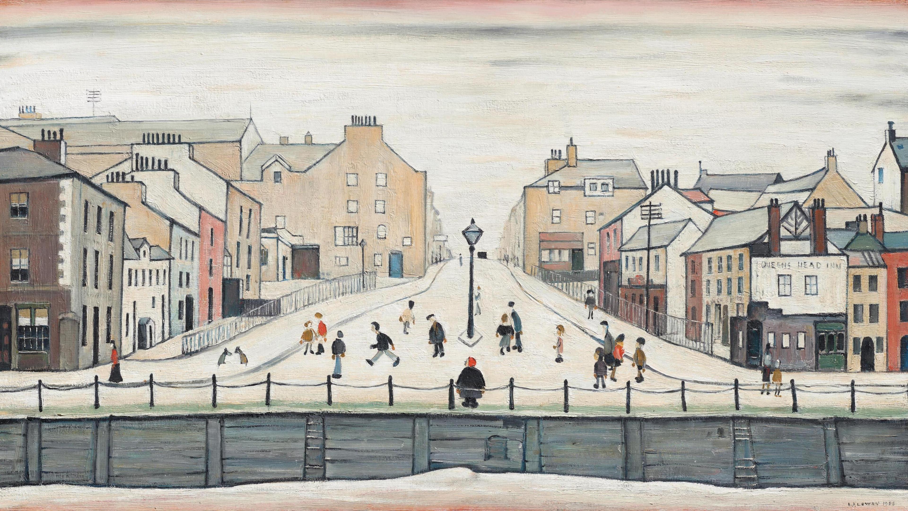 The painting of Senhouse Street in Maryport by LS Lowry. There are people walking across the road, most wearing hats, and there is a lamppost right in the centre of the image. The road appears to be slightly uphill. 