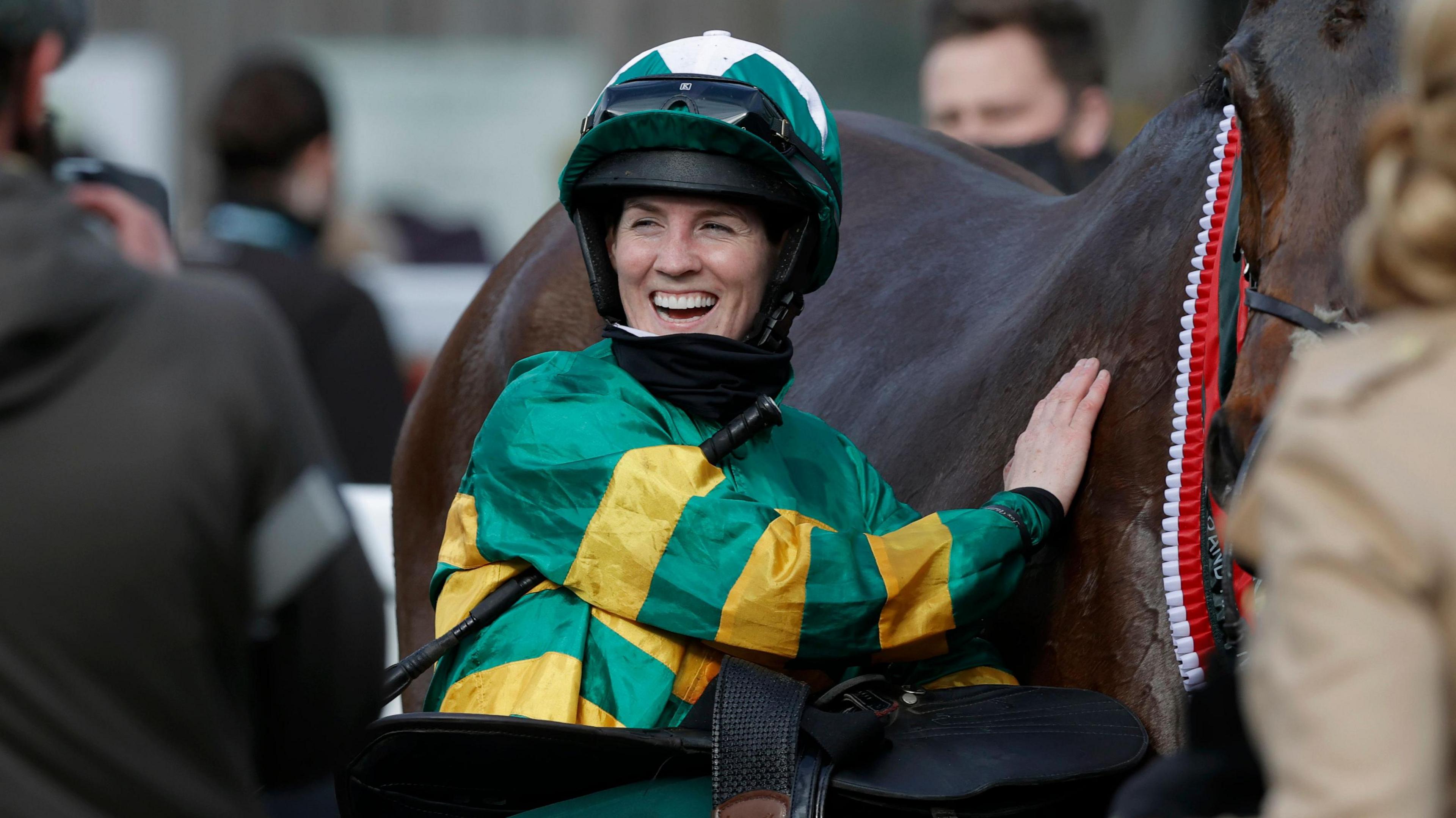 Rachael Blackmore with horse Minella Times after winning the 2021 Grand National