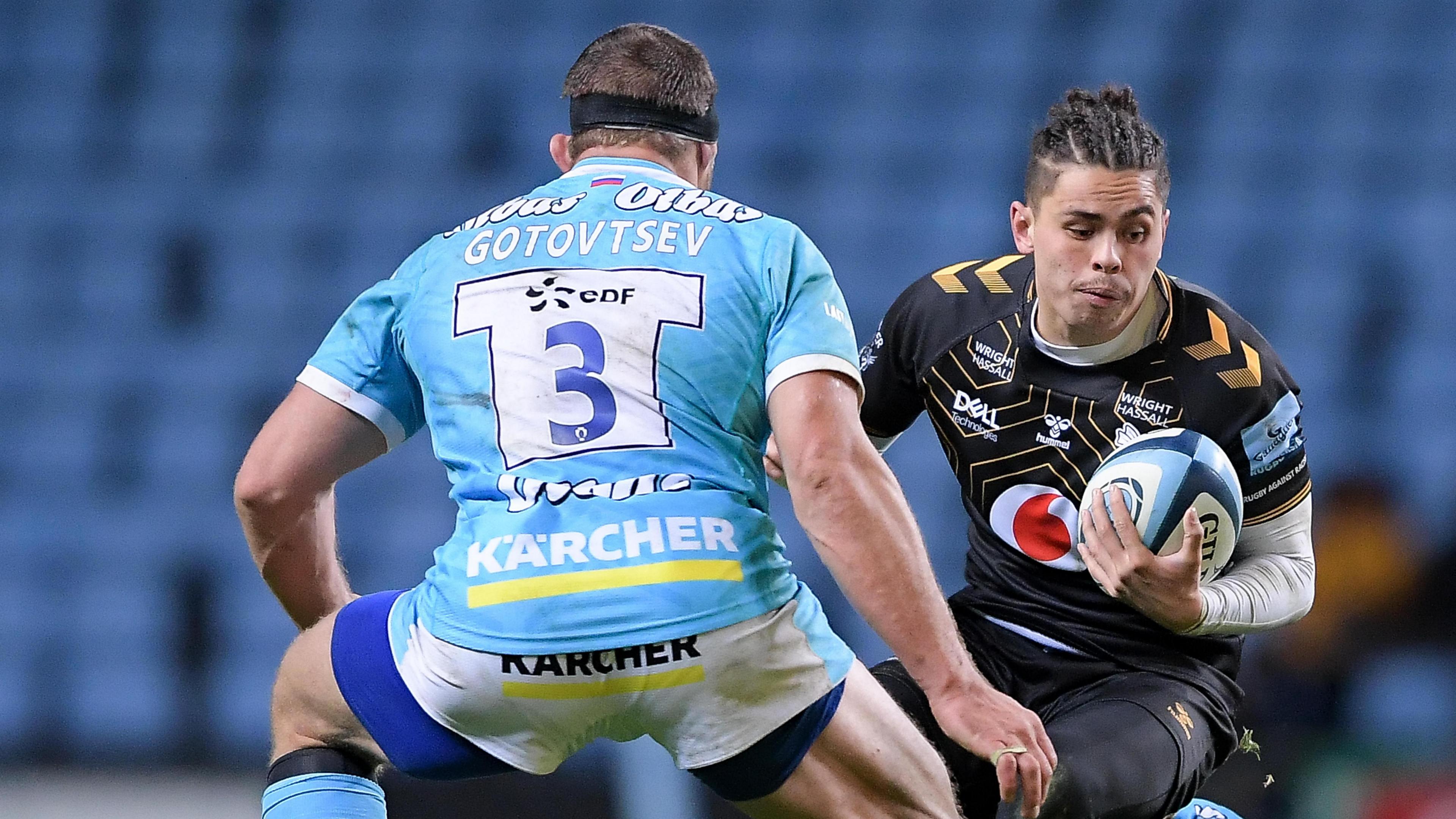 Kirill Gotovtsev making a tackle during a Premiership game away to Wasps in November 2021