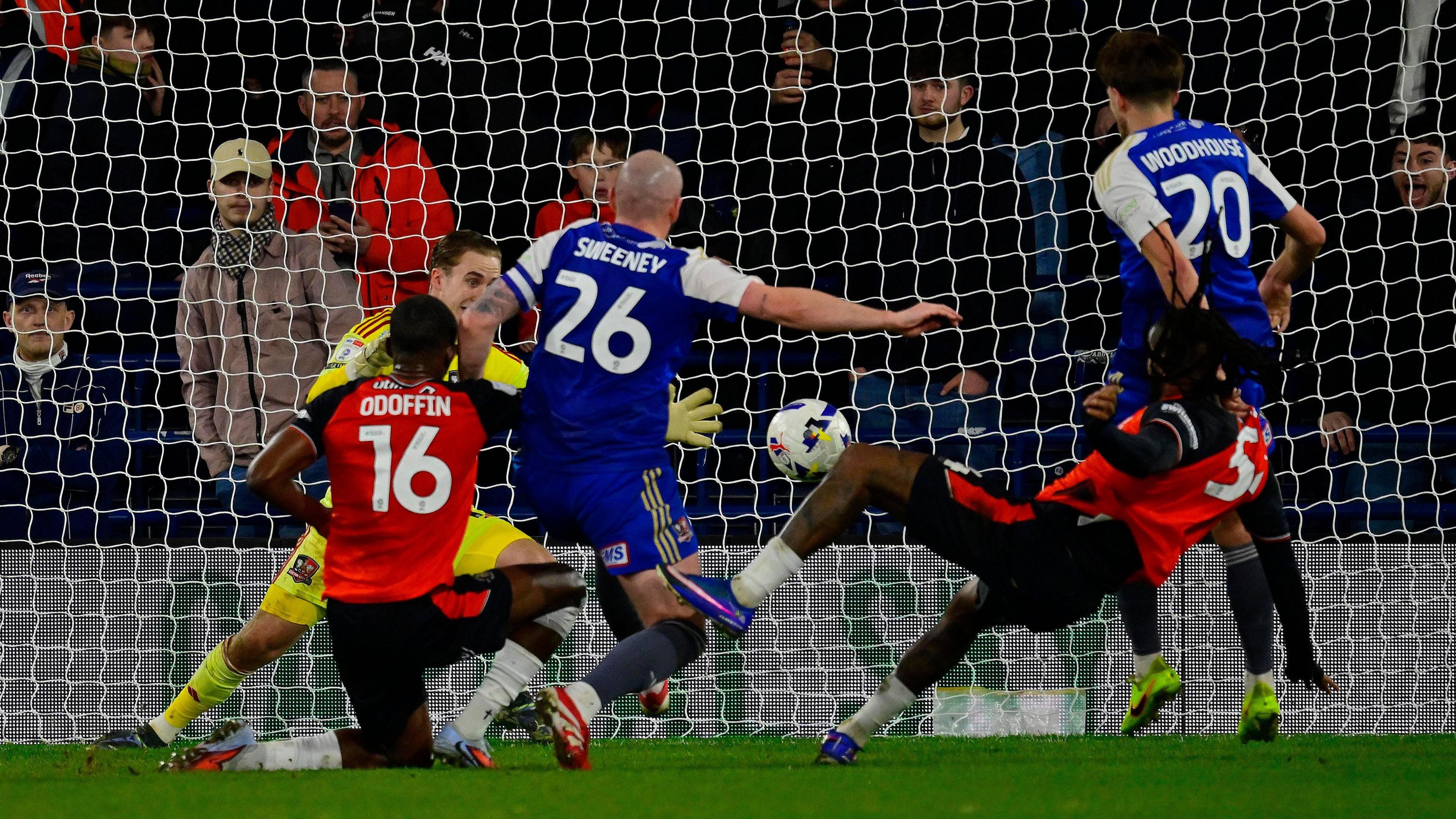 Hakeem Odoffin's goal from a free kick late in first-half stoppage time ensures Luton Town beat Exeter City