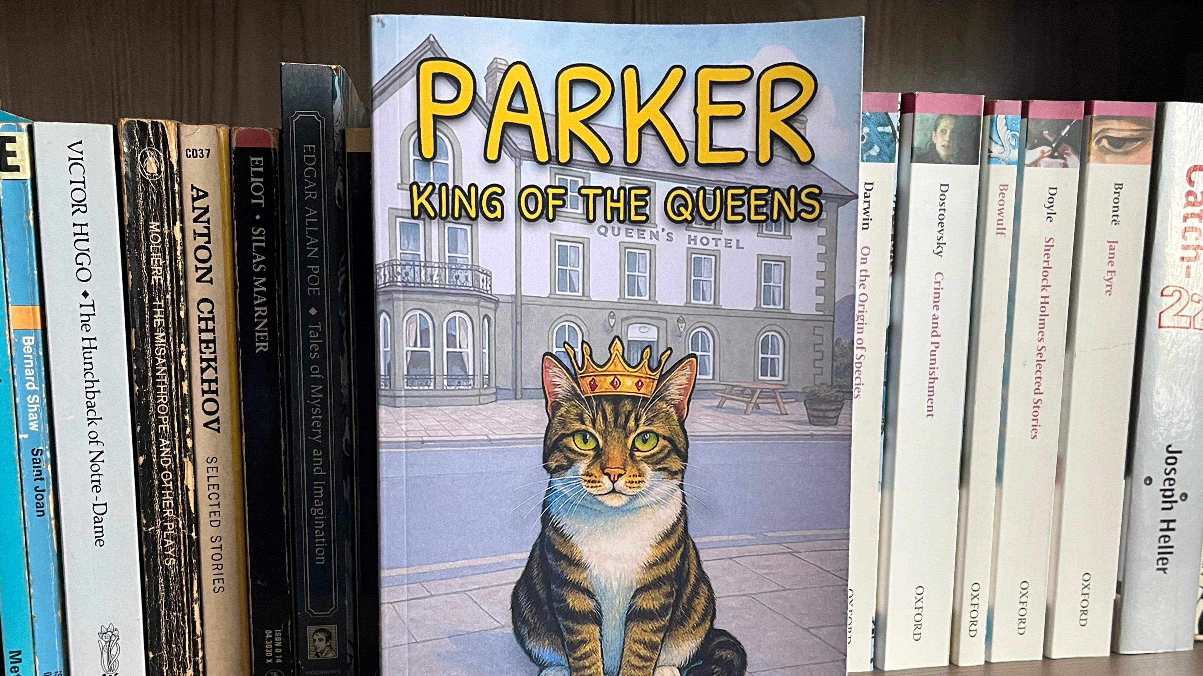View of a bookshelf with various paperbacks on it.  Leaned against them full facing the camera is a copy of a book called "Parker, King of the Queens".  The cover has the title in yellow against a background drawing of a cat sitting in front of the Queens Hotel, wearing a crown.