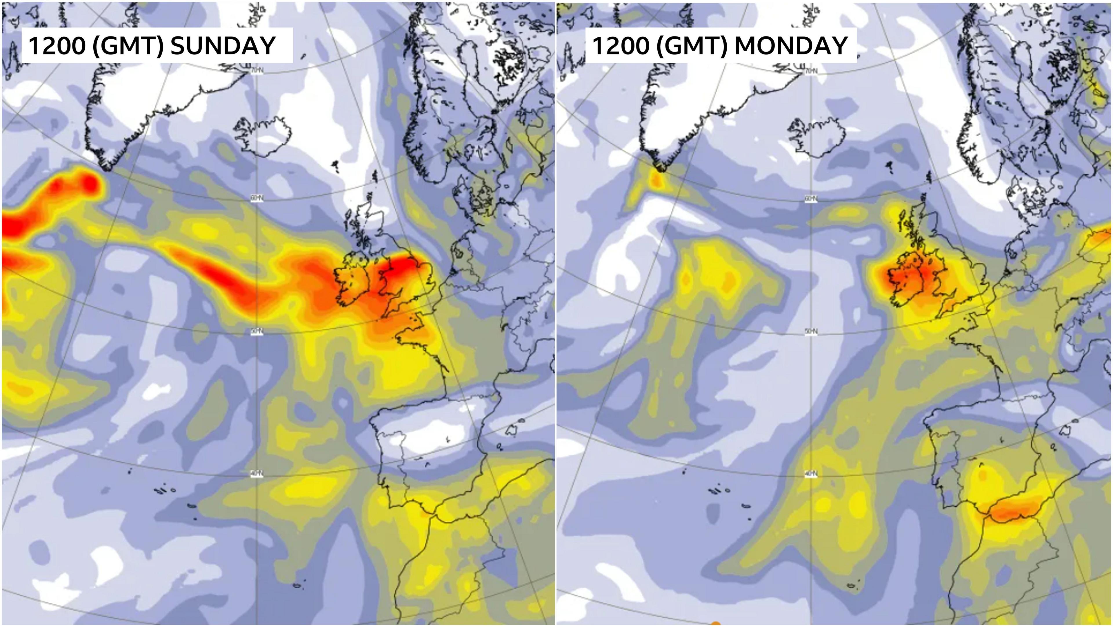 Charts showing the aerosol forecast by ECMWF and Copernicus for 1200GMT Sunday and Monday. The yellows and reds identifying areas of smoke area across much of the UK on both days.