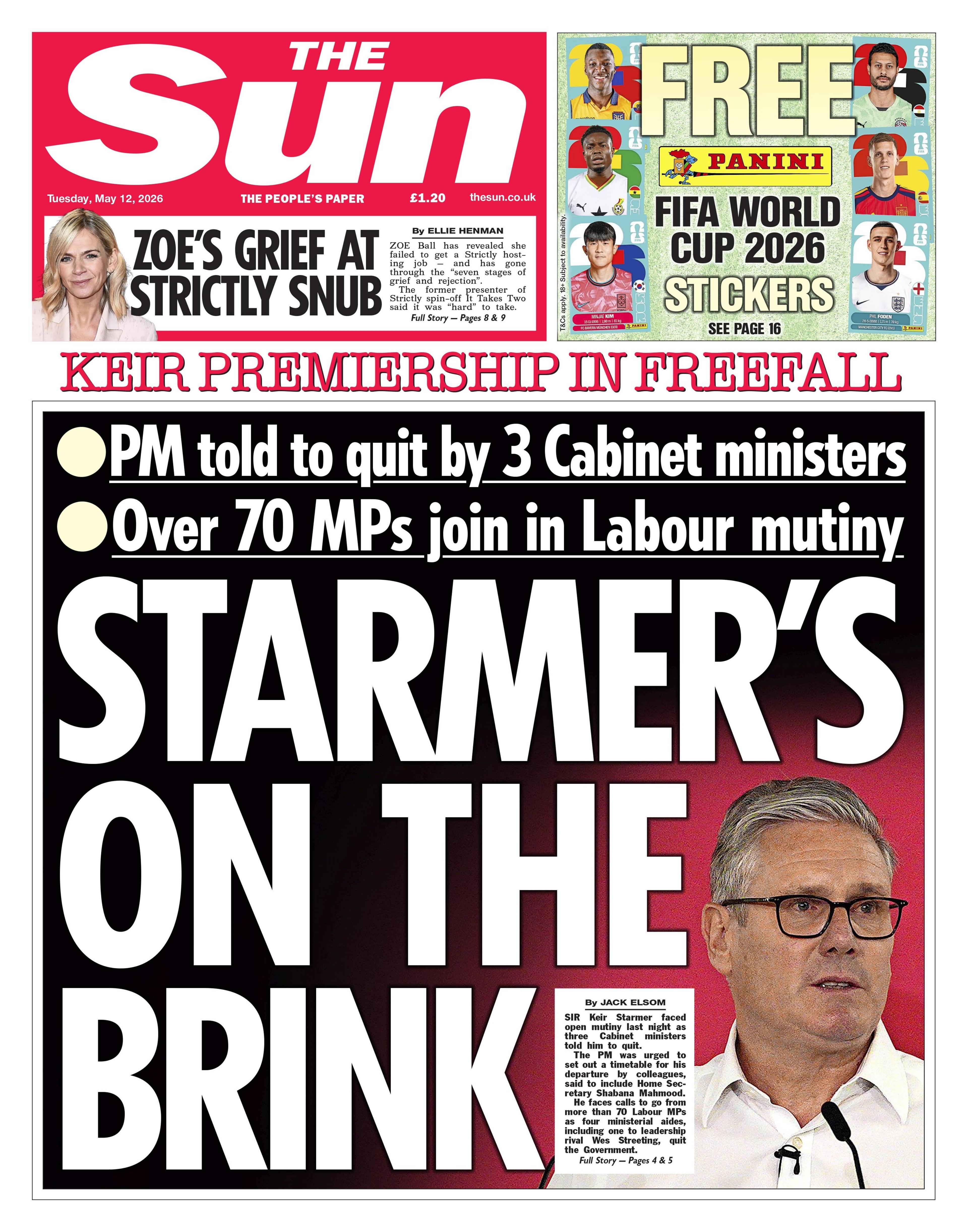 Titulli në faqen e parë të gazetës The Sun thotë: “Starmer është në prag të katastrofës”.