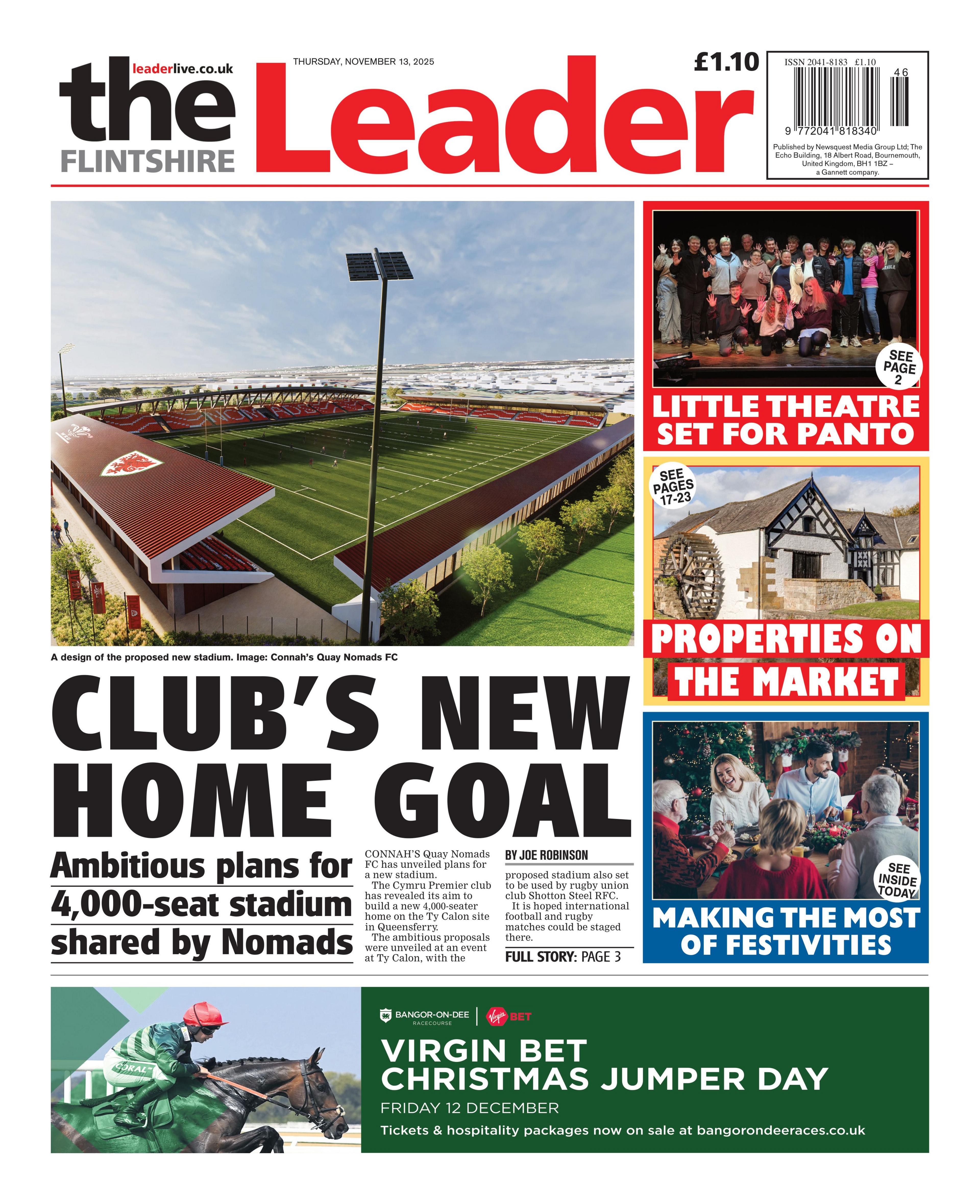 Front page of Flintshire Leader. The headline is "Club's New Home Goal". The picture is of a football ground 
