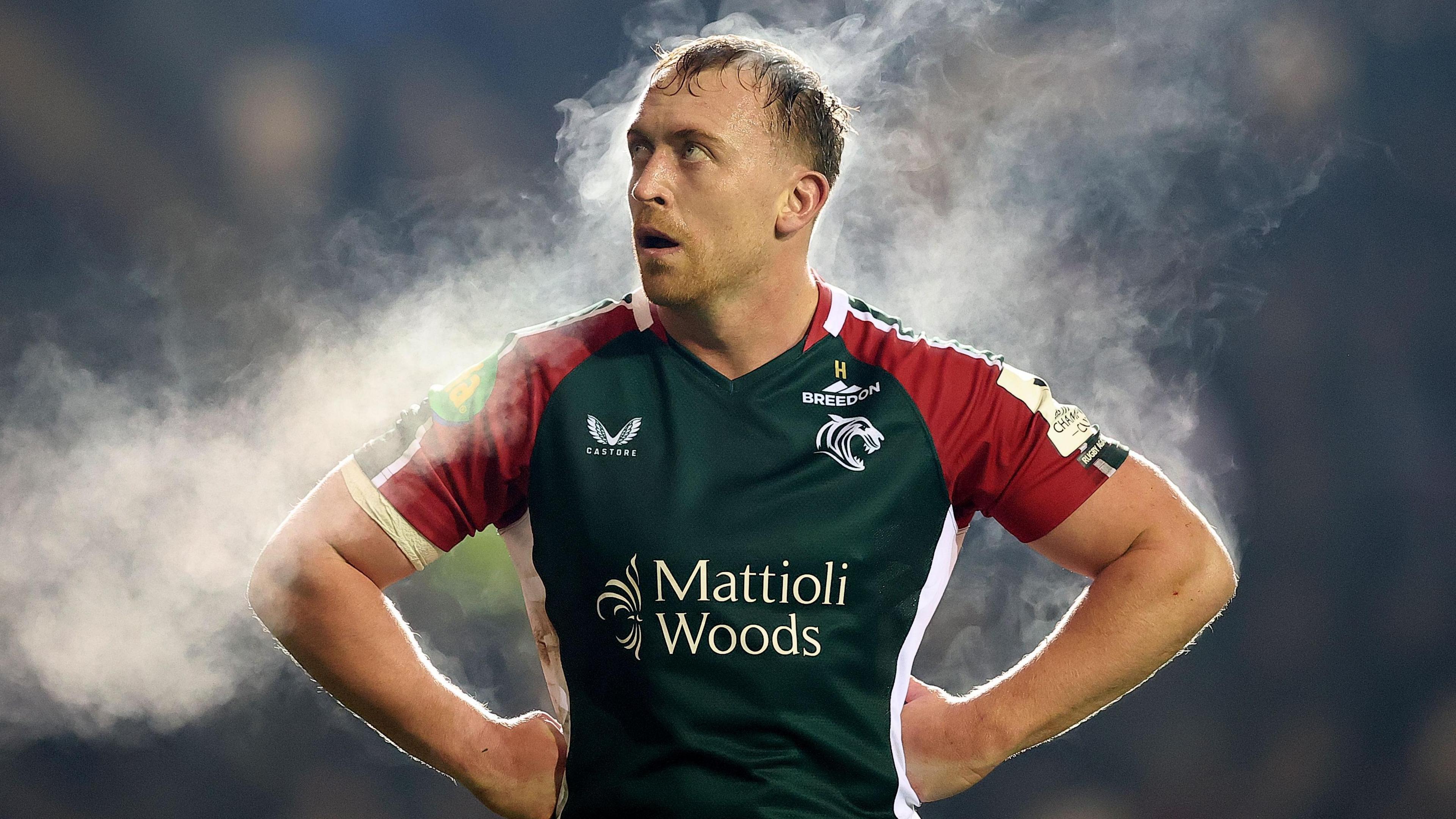 Leicester Tigers' Tommy Reffell with his hands on his hips as steam comes off him during a game