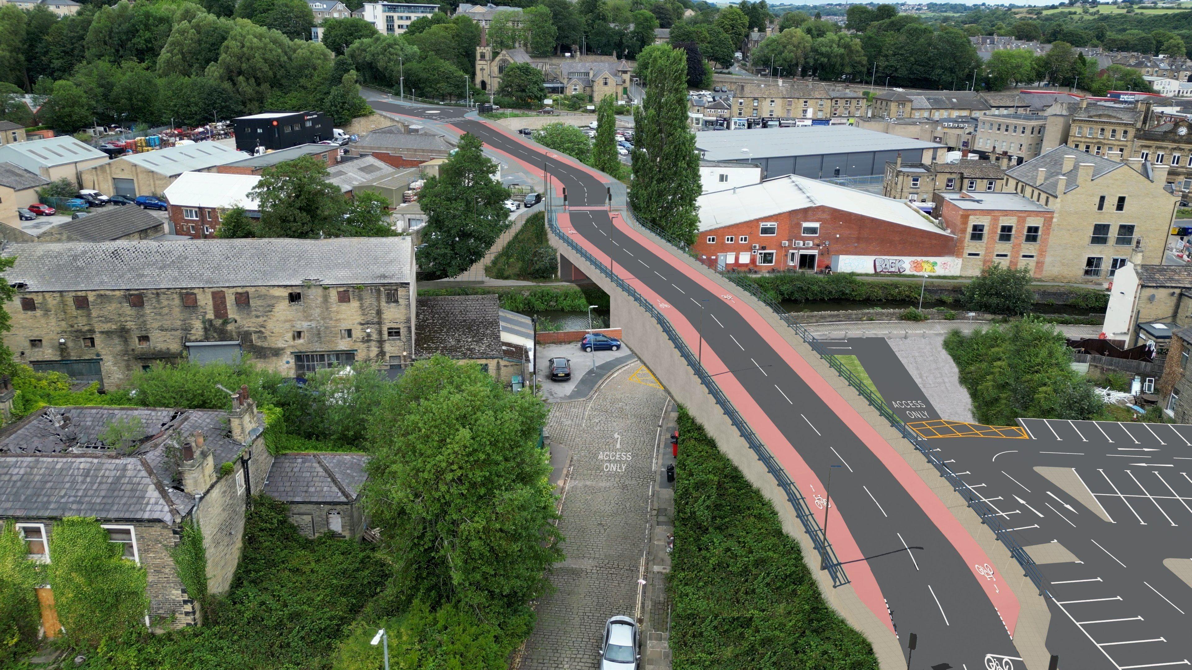 A CGI image showing a bridge with cycling lanes running through the middle of a town.