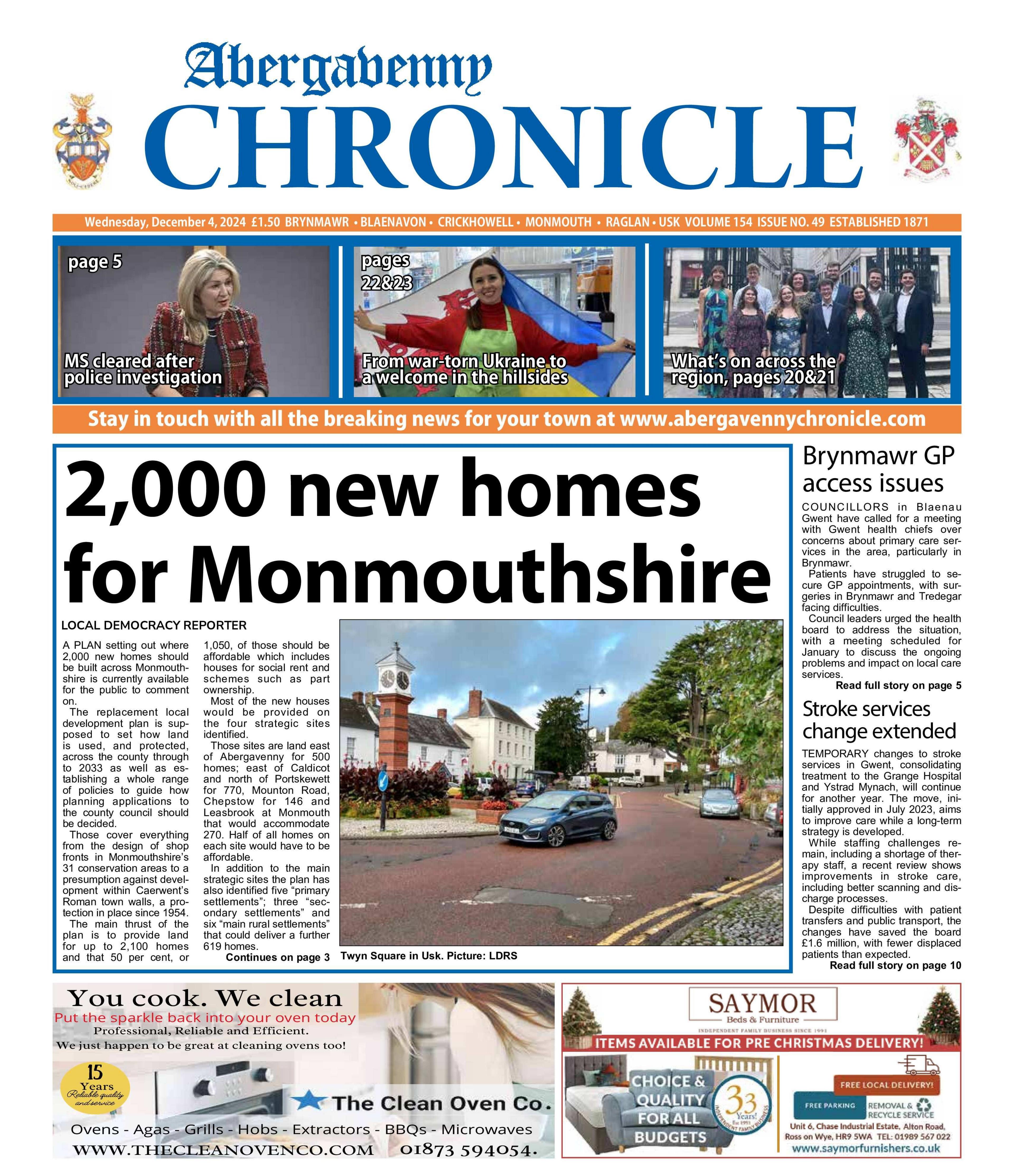 Front page of Abergavenny Chronicle 