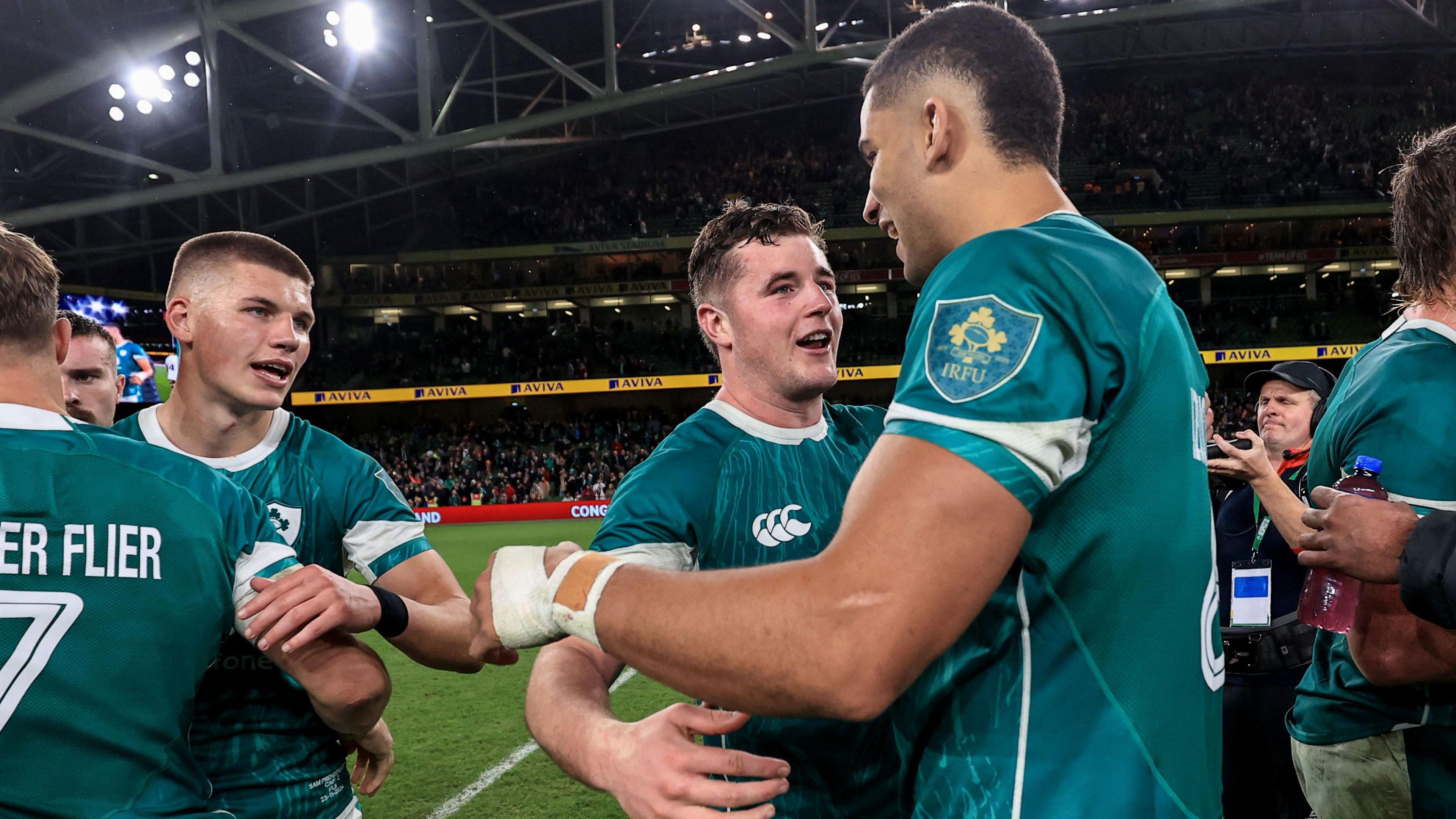 Sam Prendergast (left), Gus McCarthy (centre) and Cormac Izuchukwu (right) all graduated from Emerging Ireland against Fiji 