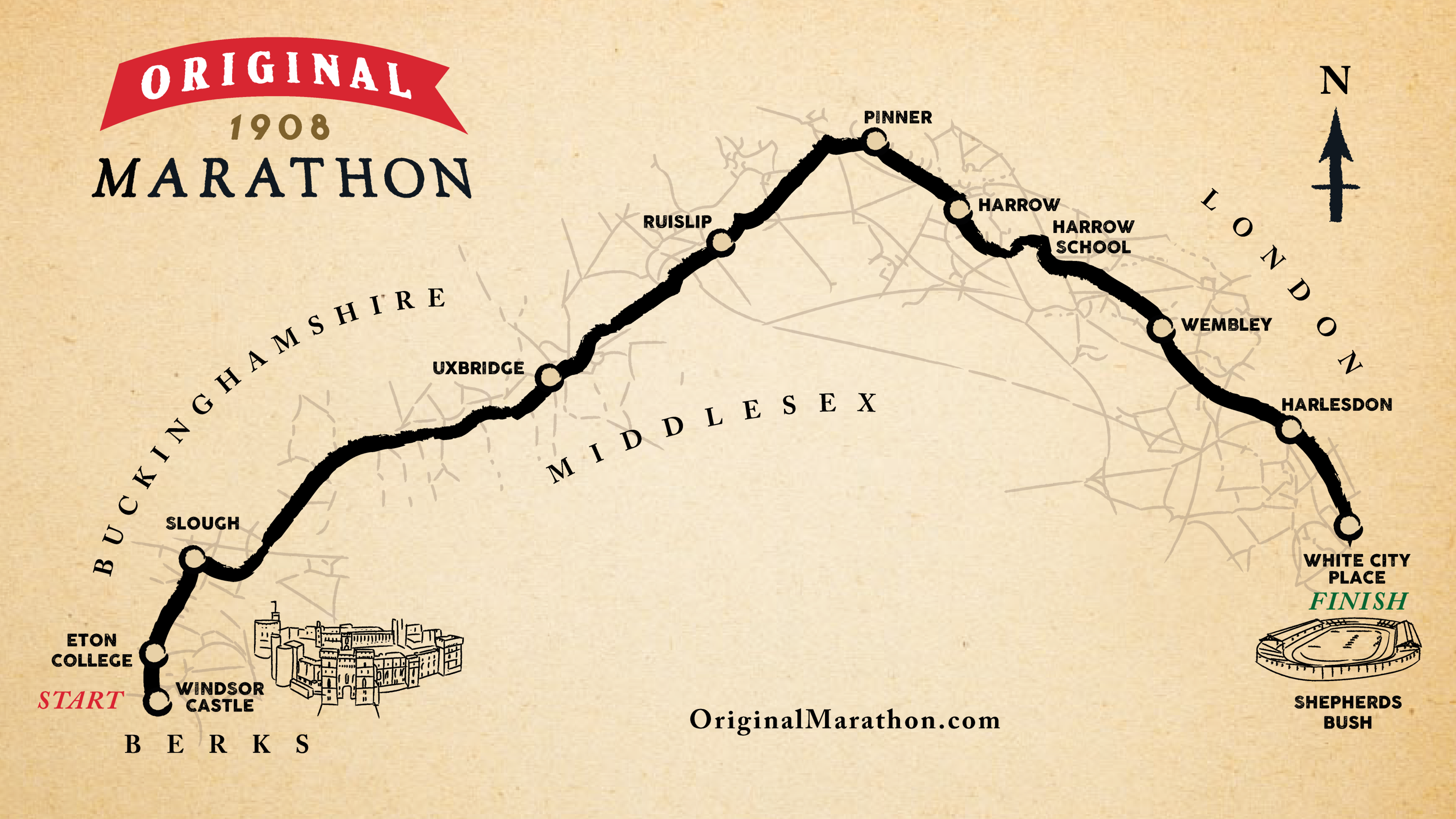 A sepia coloured map with black markings shows the Original Marathon route from Windsor to London.