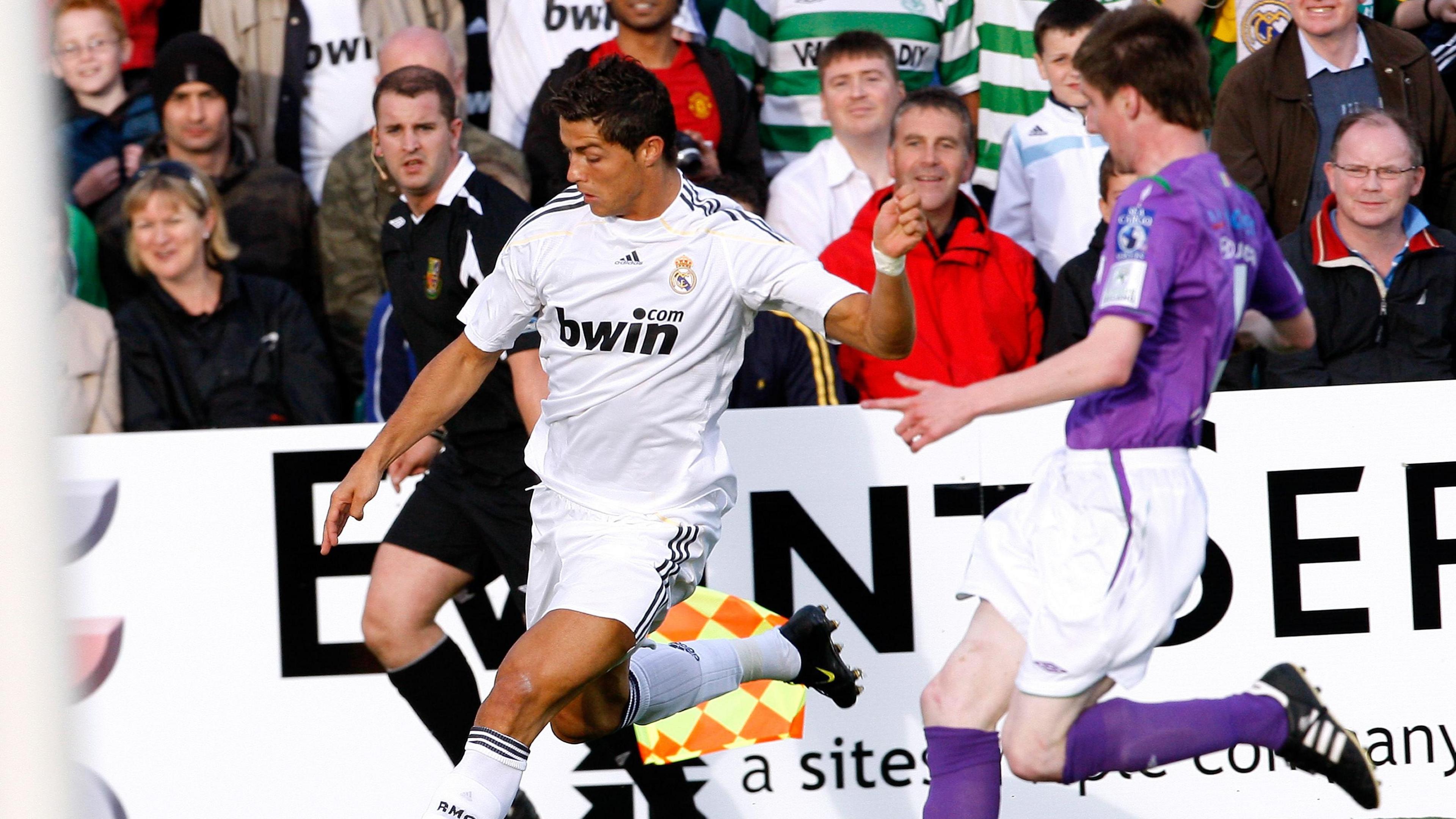 Cristiano Ronaldo playing for Real Madrid against Shamrock Rovers in Dublin