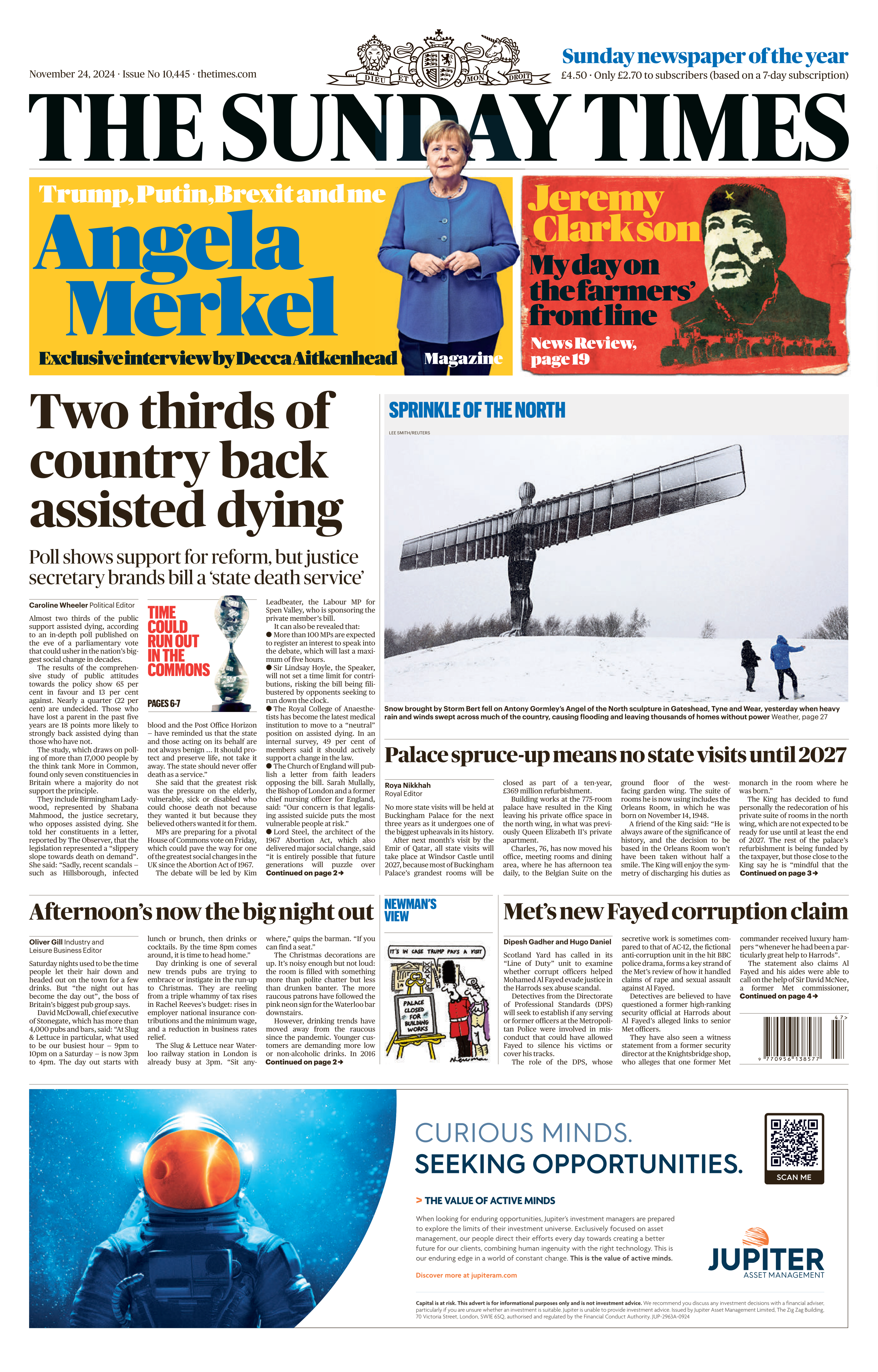 Sunday Times front page headline: "Two thirds of country back assisted dying"