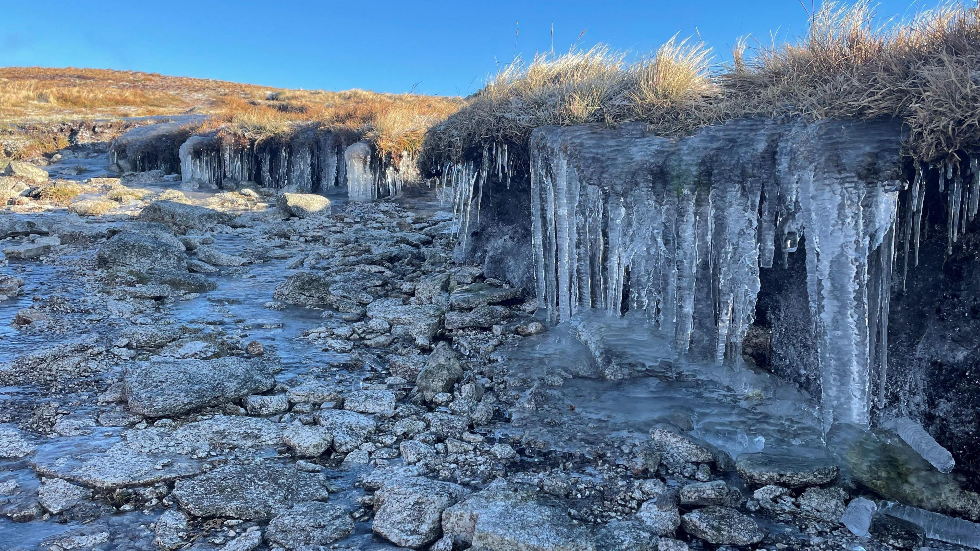 Icicles in the Cairnsmore of Fleet Hill Walk in Galloway. They are clear and white in colour with frozen grass which is green with white tips in the background and a blue sky.