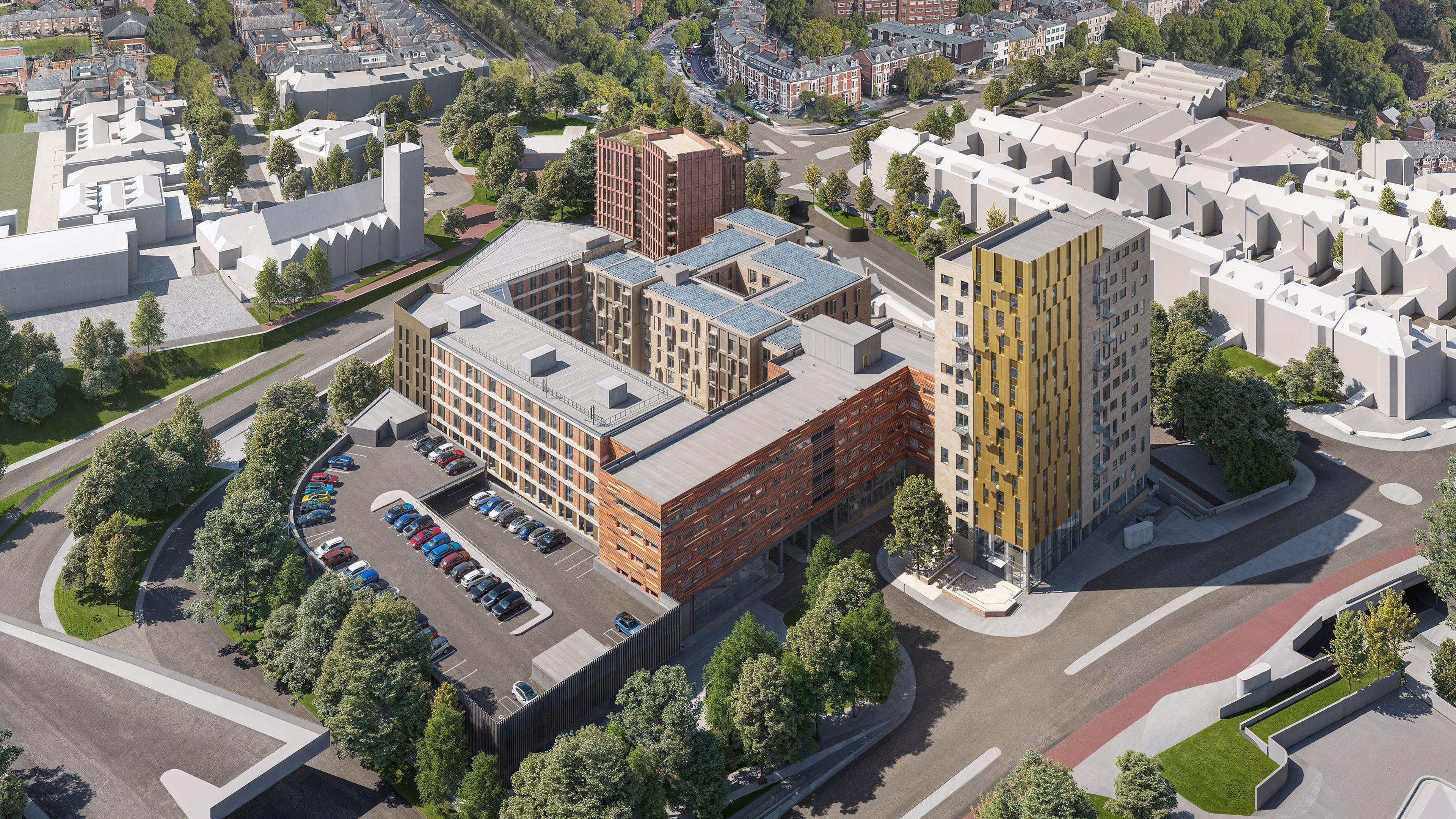 An artist's impression of how Jesmond Three Sixty will look. A car park stands to the left of the main building.