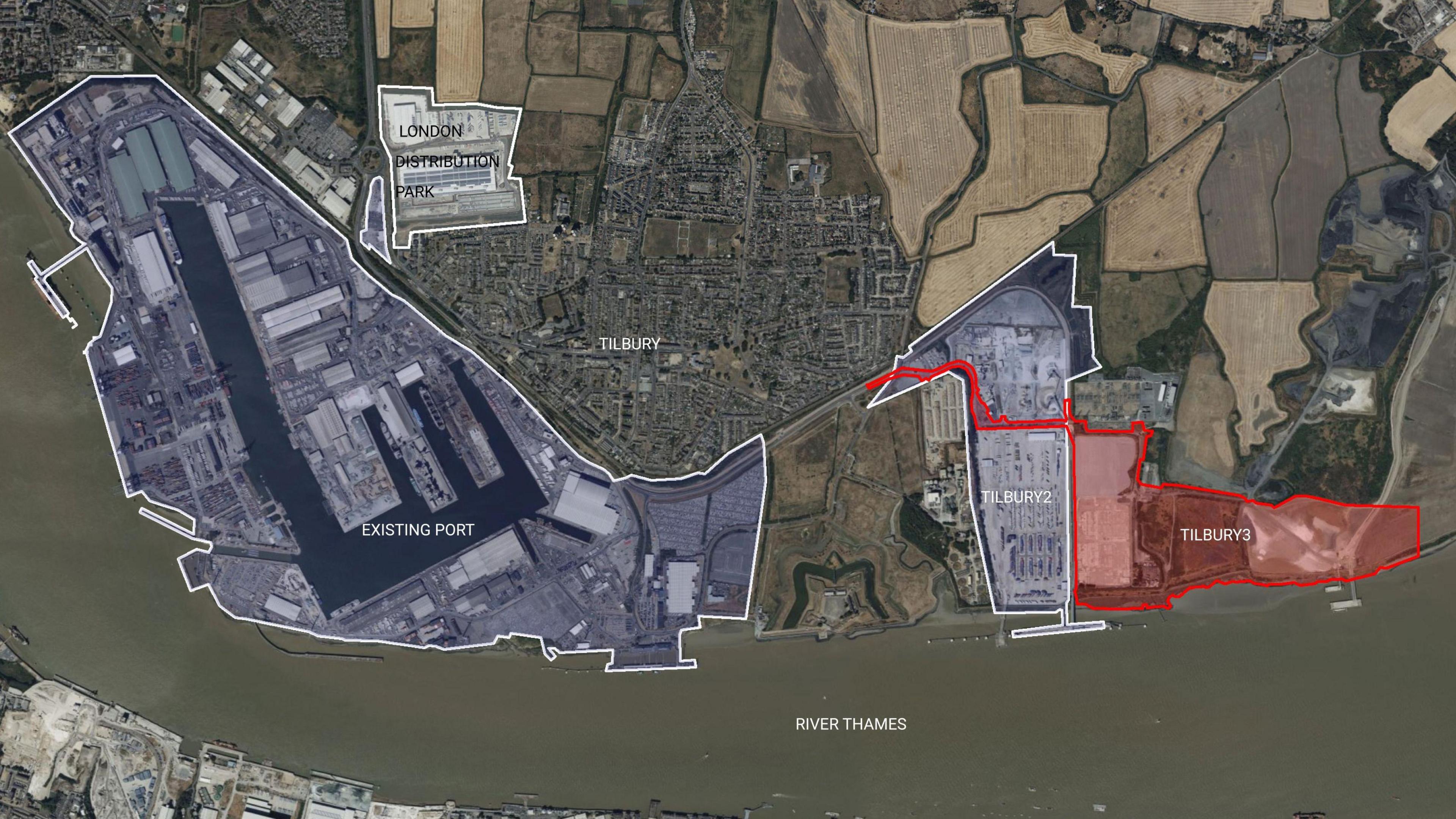 A graphic showing the Port of Tilbury from above. It has the large existing port to the west, with Tilbury itself above it. To the east is Tilbury2 and the proposed Tilbury3 sites. Both sit on the north bank of the River Thames.