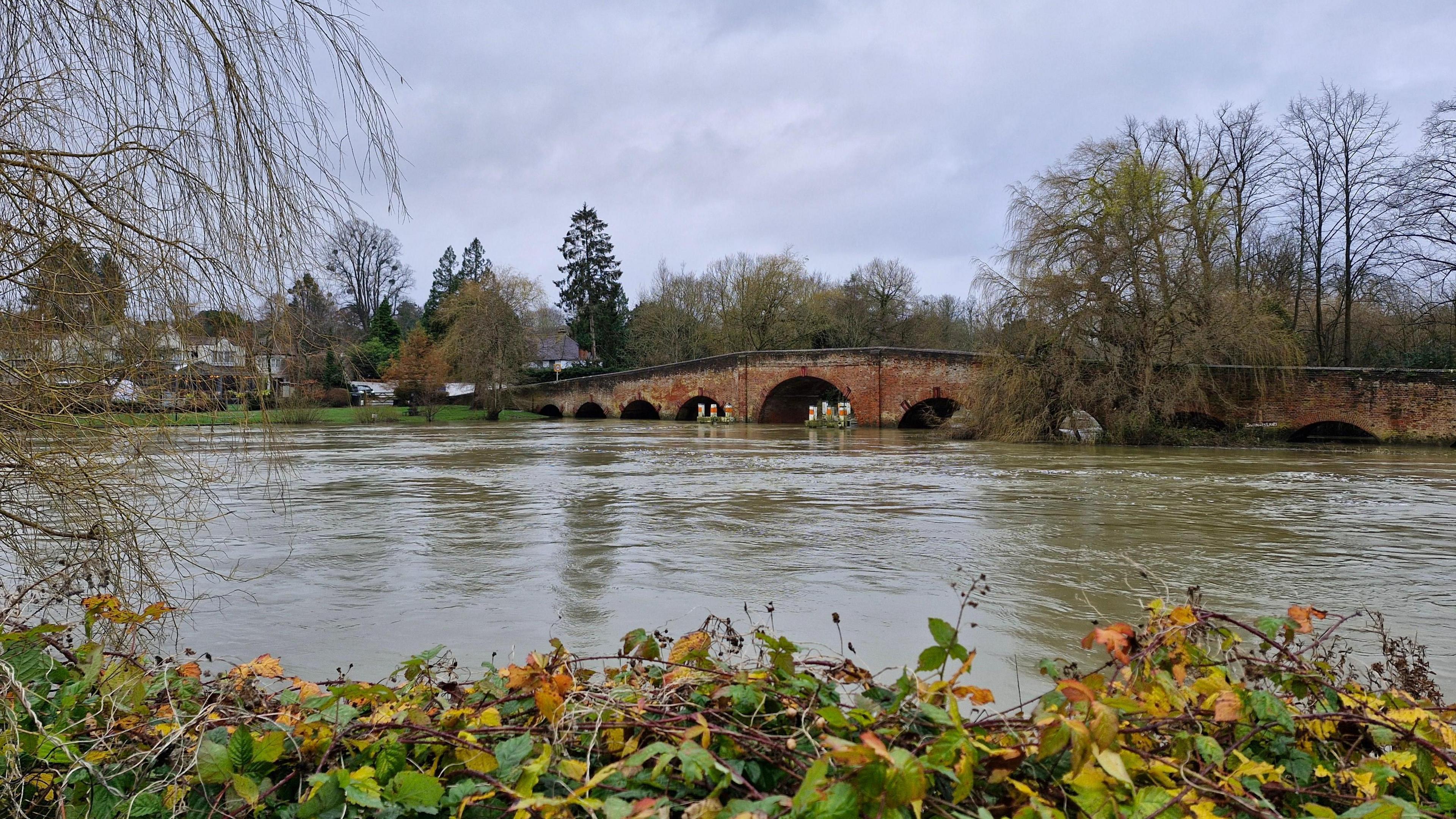 A bridge with nine archways can be seen over a very swollen river. There are also trees on either side of the bridge with a few houses on the left. 