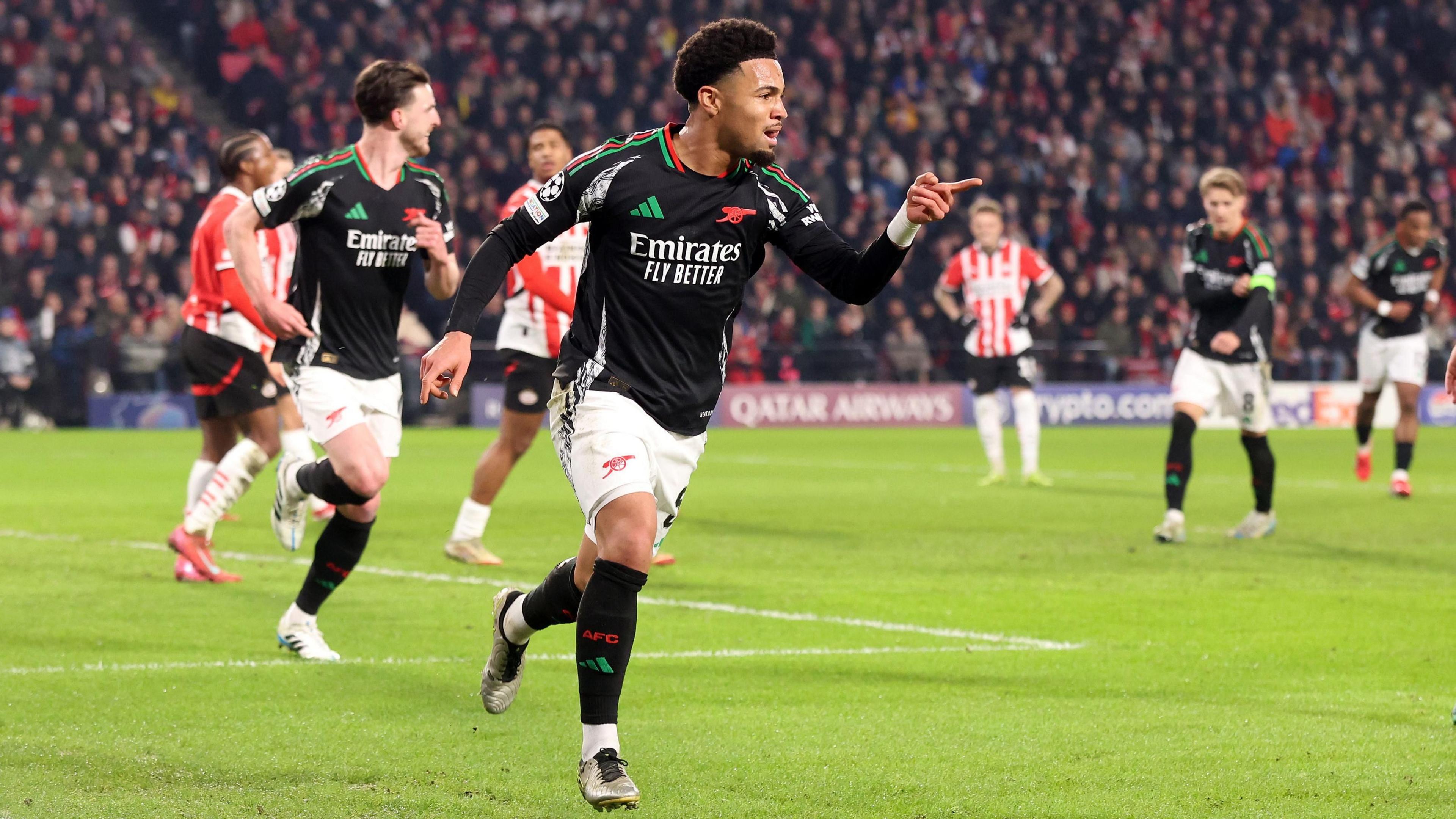 Ethan Nwaneri celebrates scoring for Arsenal against PSV Eindhoven