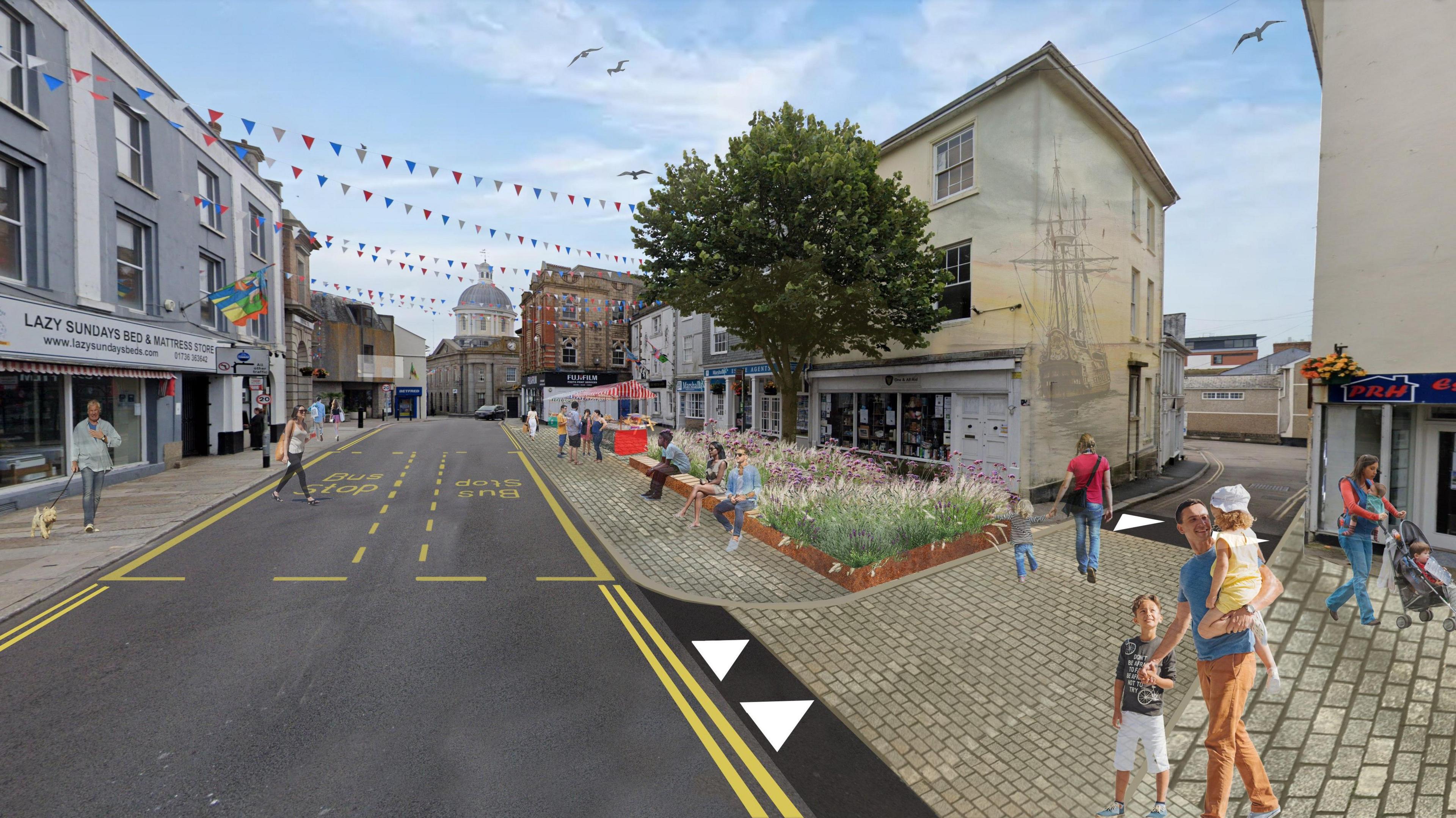 An artist impression which shows plants planted on the left with people sat on a bench, with a tree next to it, there is also two bus stops on the road