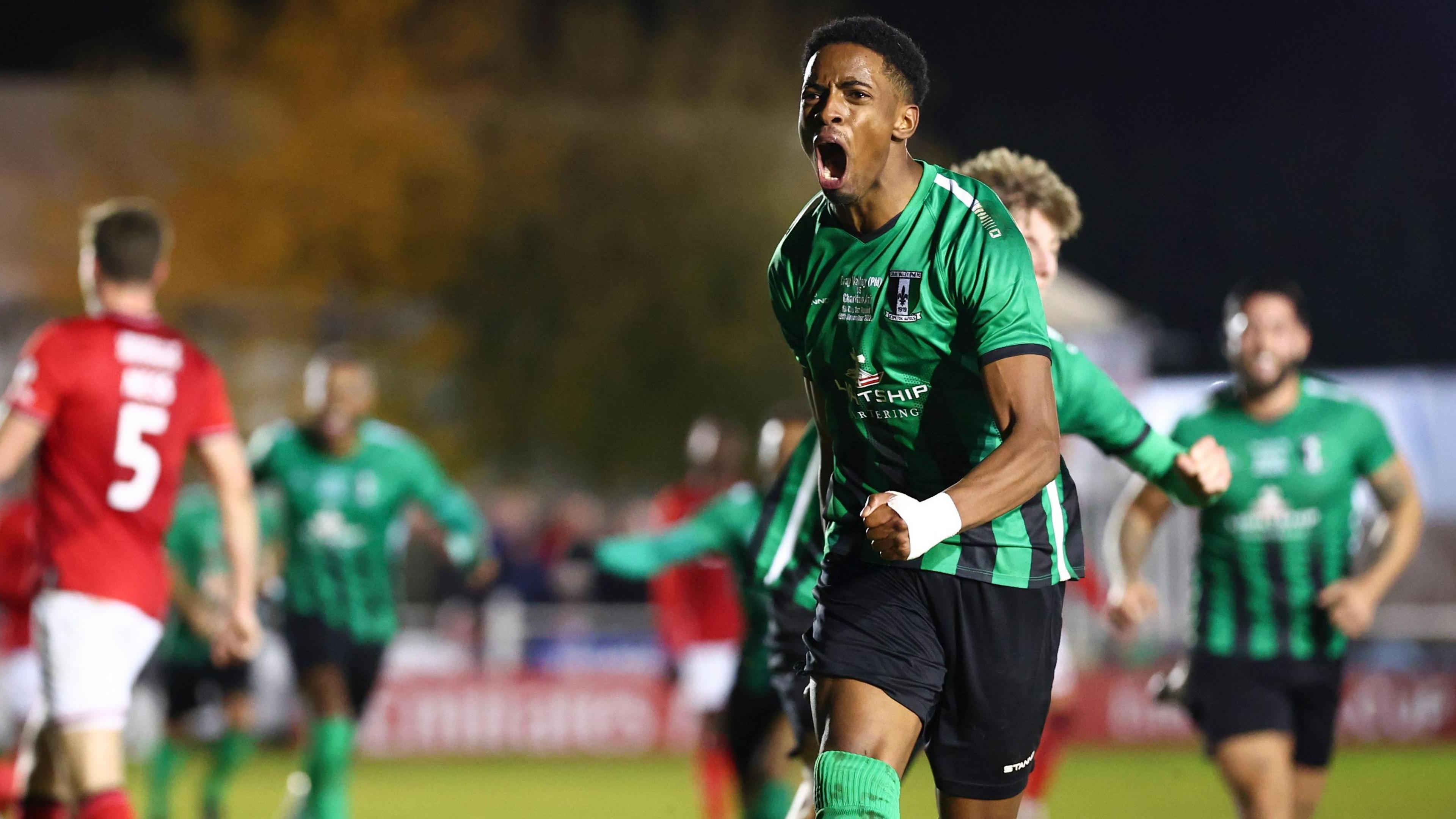 Kyrell Lisbie celebrates scoring for non-league Cray Valley Paper Mills in their FA Cup first round replay against Charlton