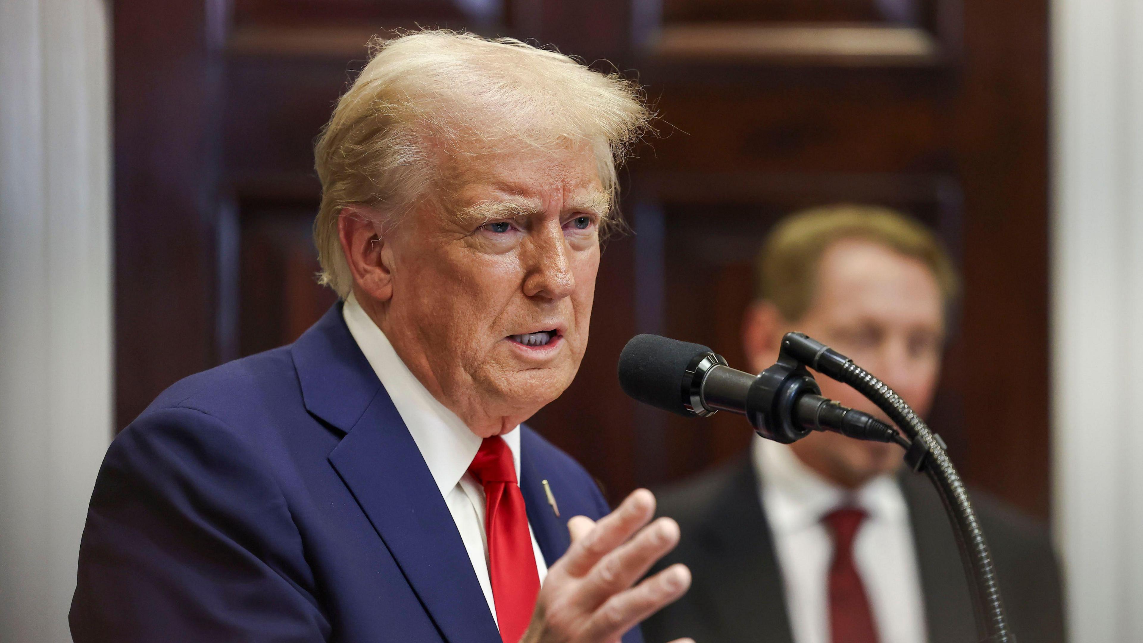 US President Donald Trump speaking in the Roosevelt Room of the White House in Washington, DC.