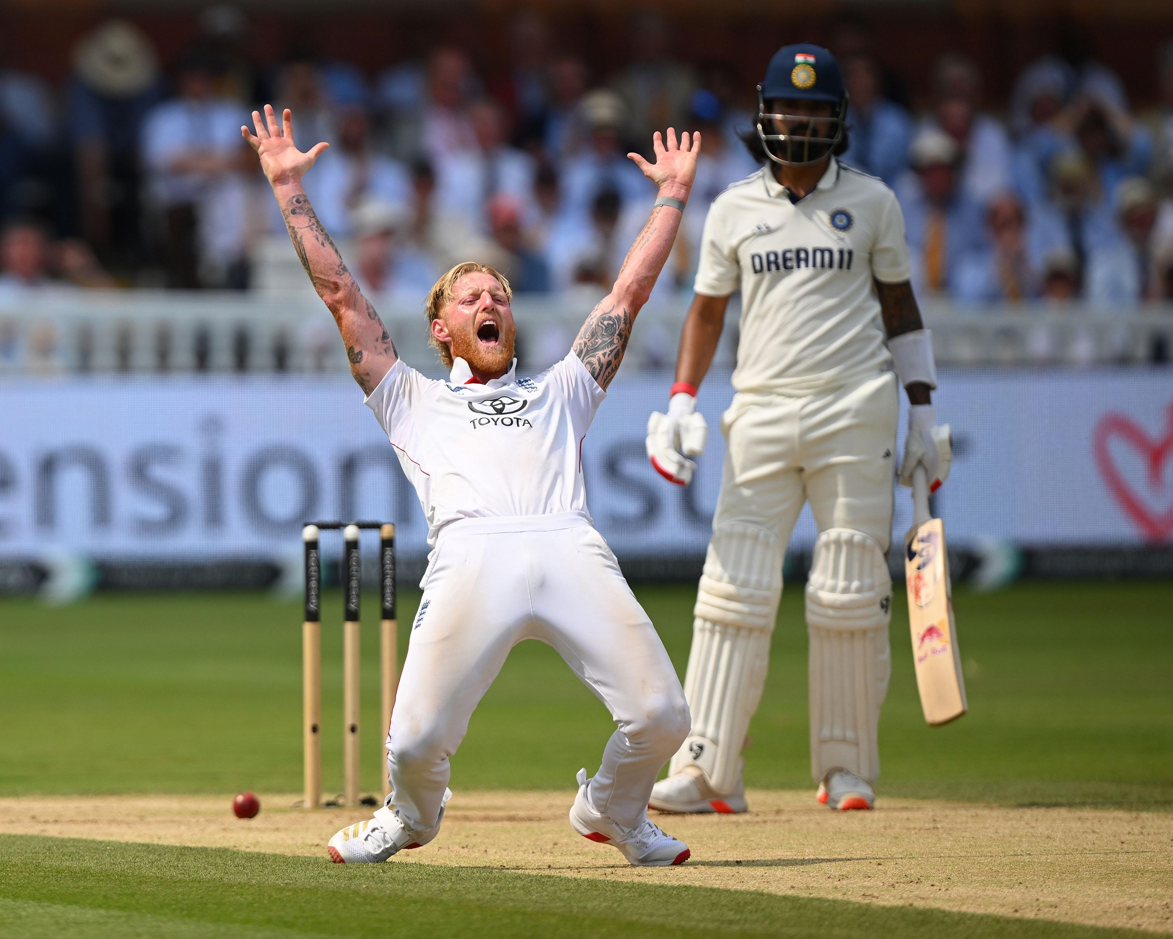 England's Ben Stokes appeals succesfully for the wicket of KL Rahul of India during Day Five of the 3rd Rothesay Test Match between England and India at Lord's Cricket Ground. Photo by Clive Mason