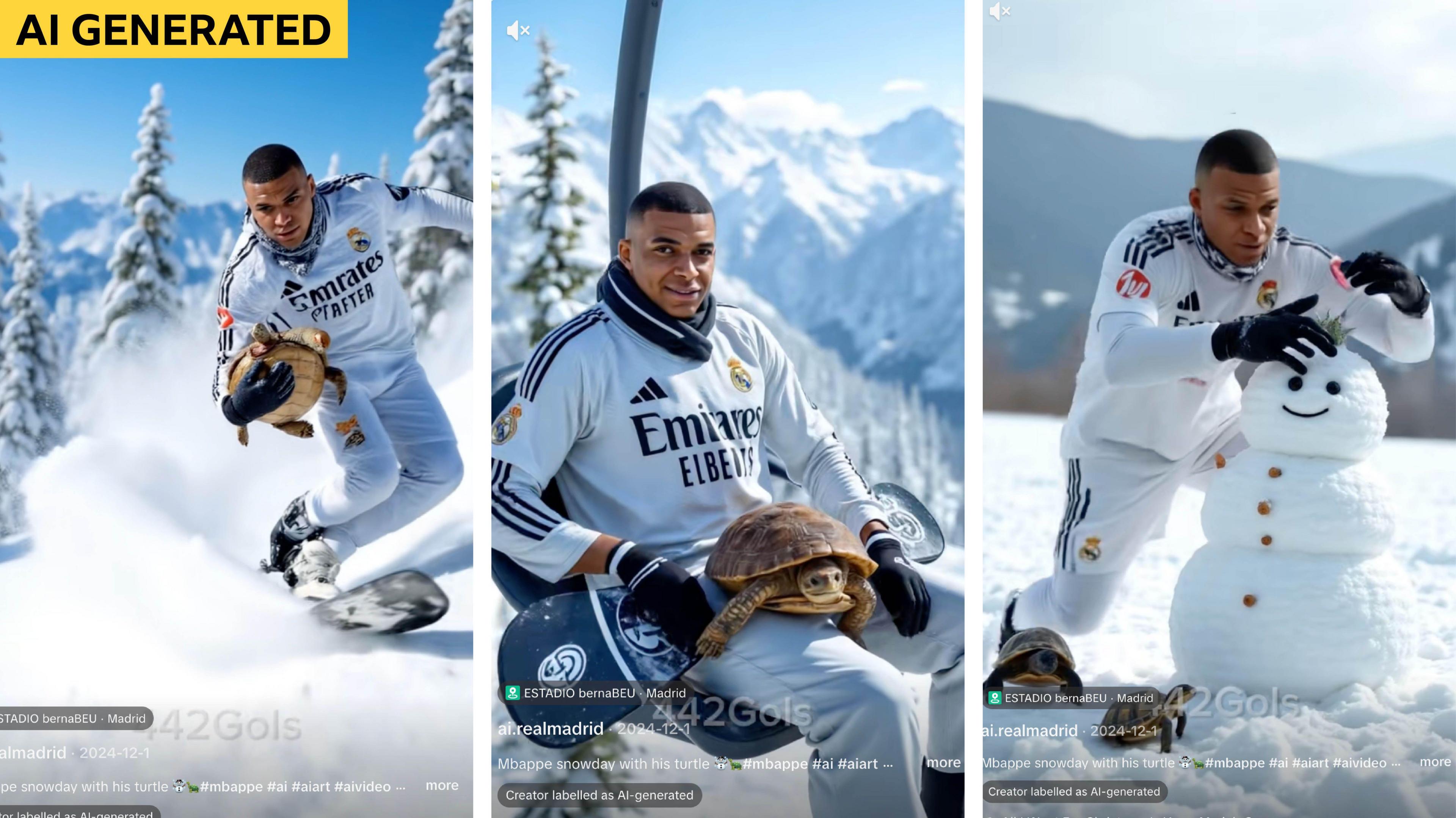 An AI-generated image of Kylian Mbappe skiing while holding his turtle