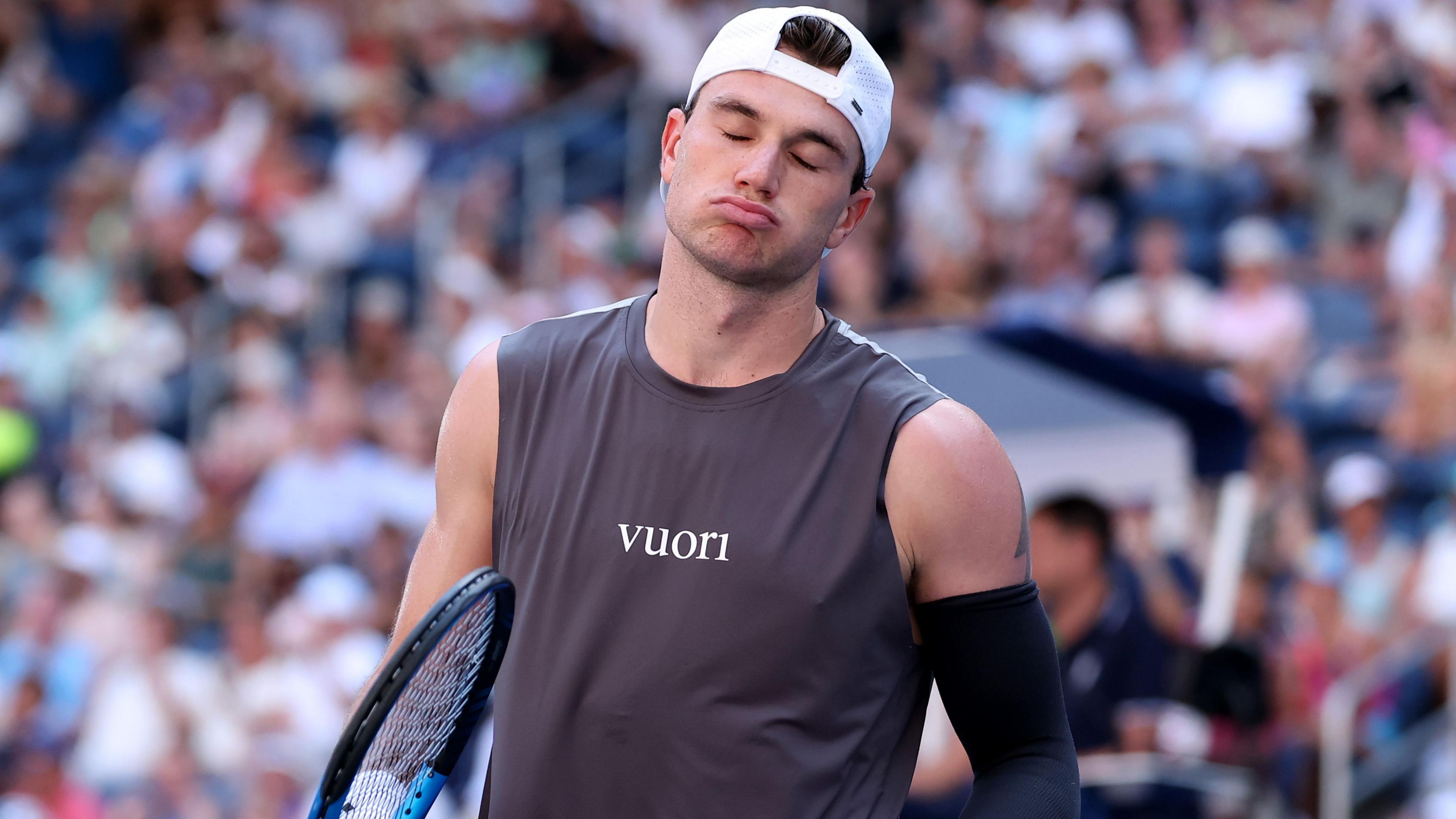 Jack Draper of the United Kingdom reacts against Federico Agustin Gomez of Argentina during the US Open.