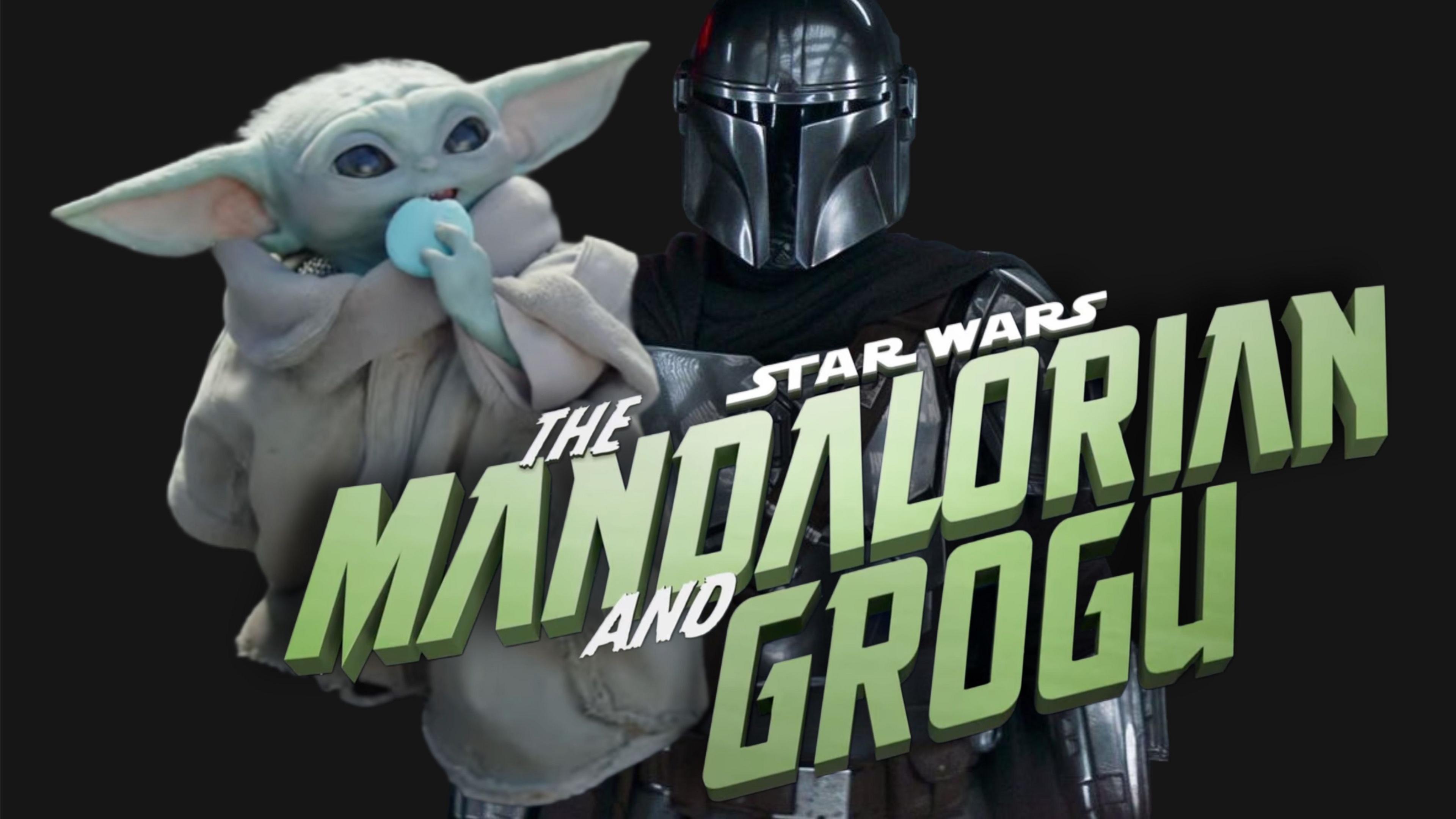 Baby Yoda eating a Macaroon and the Mandalorian stood behind the logo for the film. 