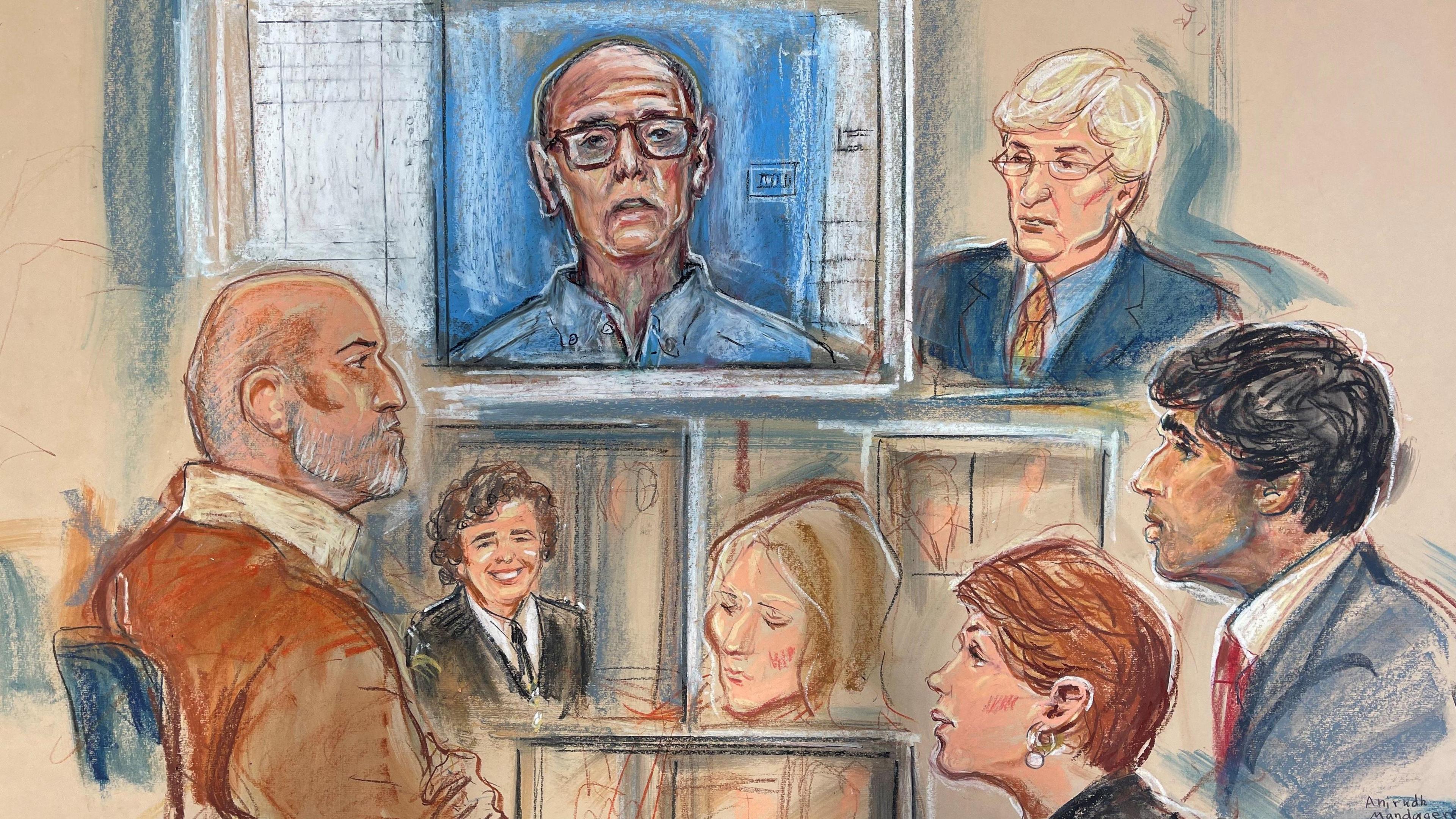 A court sketch showing a composite of various different people in court. It shows a TV screen at the back with an illustration of Ian Paterson - a man wearing glasses and a blue shirt. Underneath the screen is an illustration of Phyllis Colfer, the subject of the inquest, with brown curly hair and wearing a black uniform. On the left is a man with a silver beard and a brown coat, who is Phyliss' son. There are also two woman and two men drawn in the image, representing the coroner, barristers, and the counsel to the inquest.
