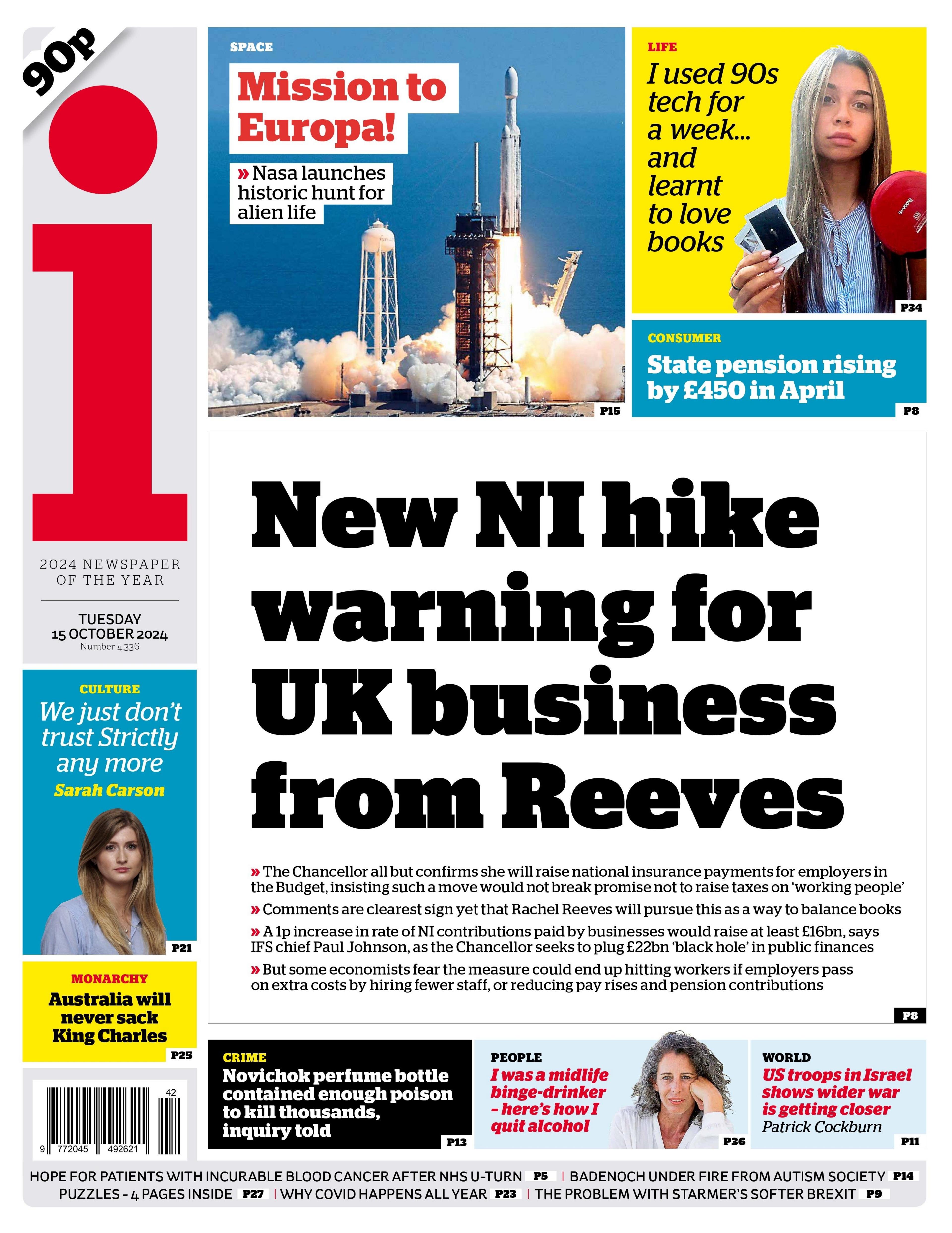 The front page of the i, headlined with "New NI hike warning for UK businesses from Reeves". 