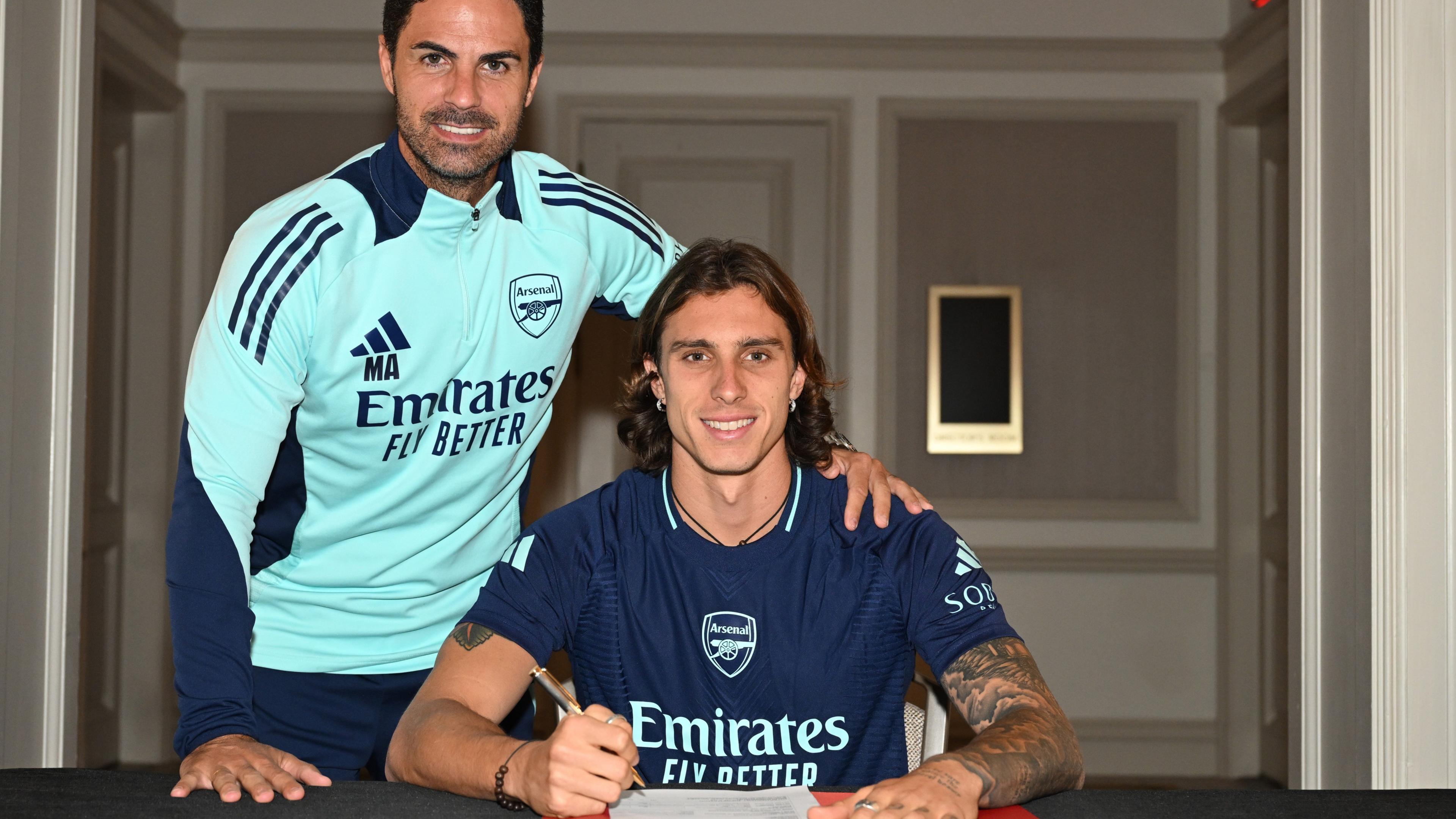 Mikel Arteta with new signing Riccardo Calafiori