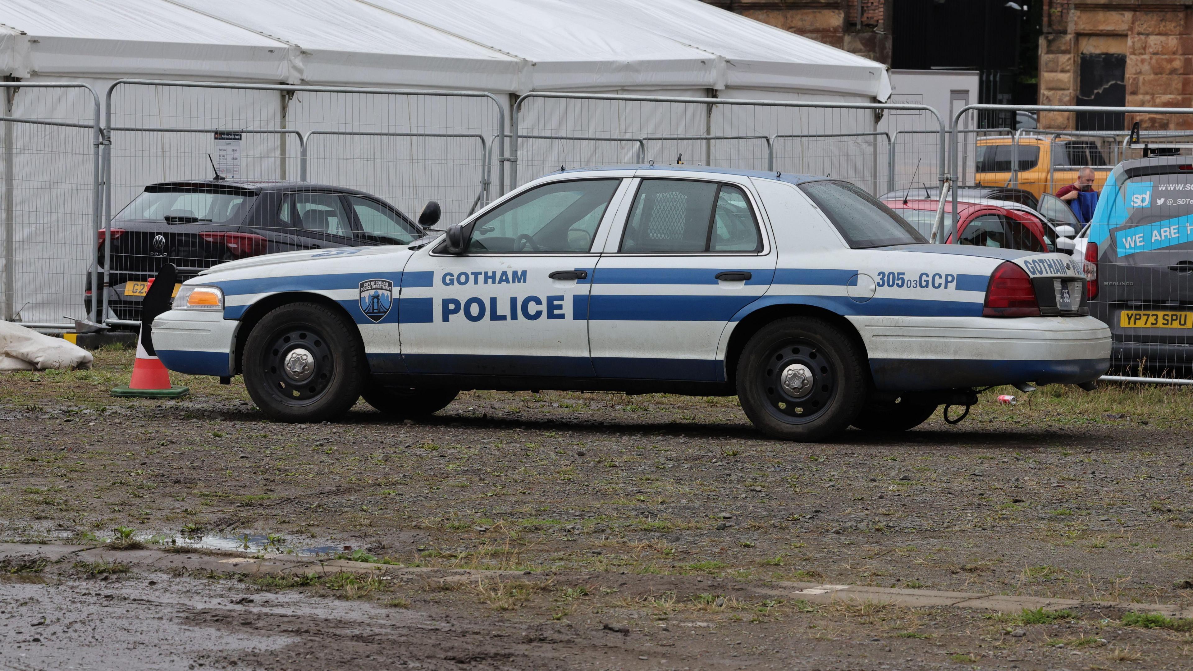 A police car for a film, with Gotham Police written on the side of the car.