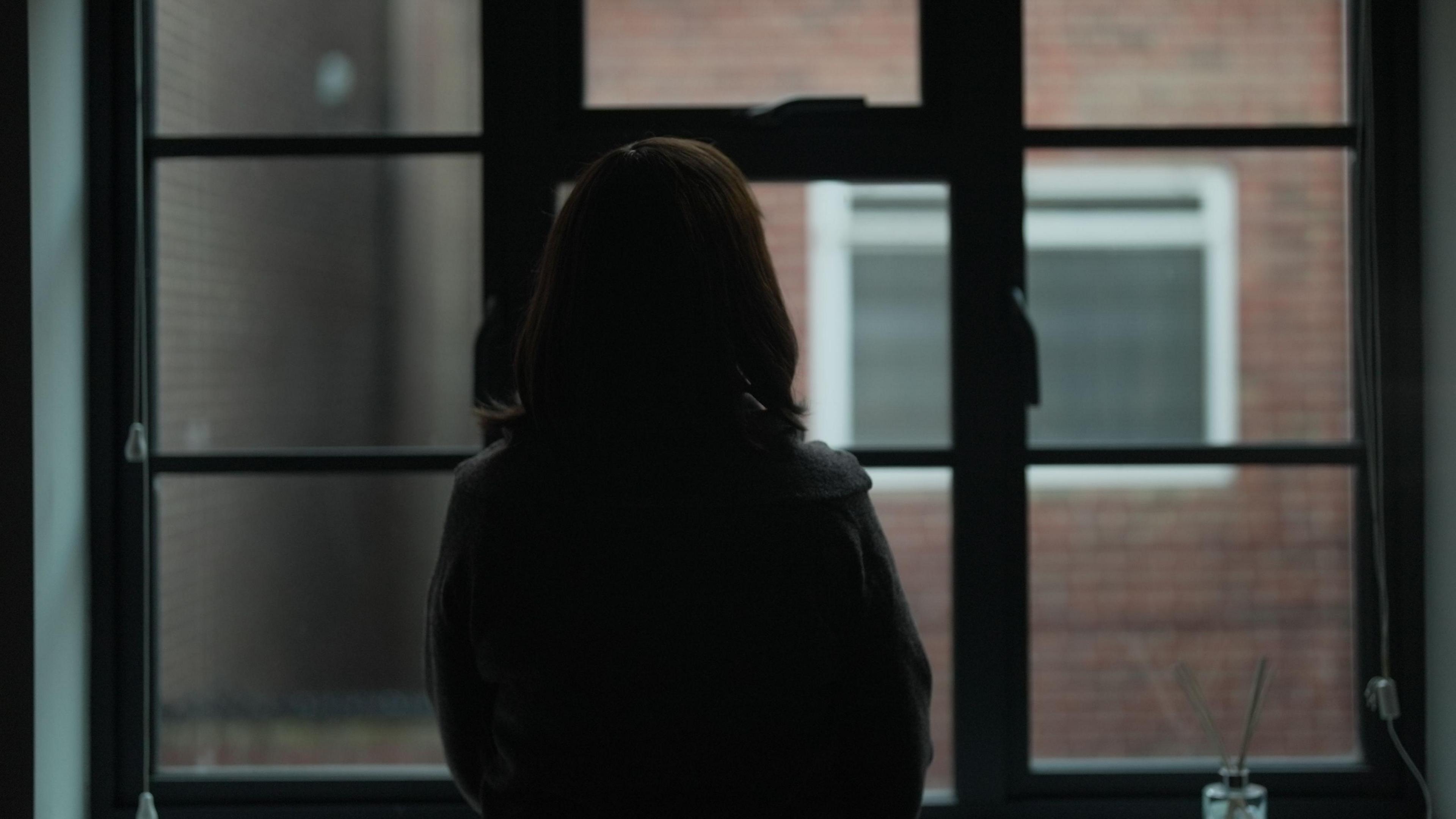 A woman, completely in shadow, stands with her back to the camera and looks out of a window onto a brick wall.