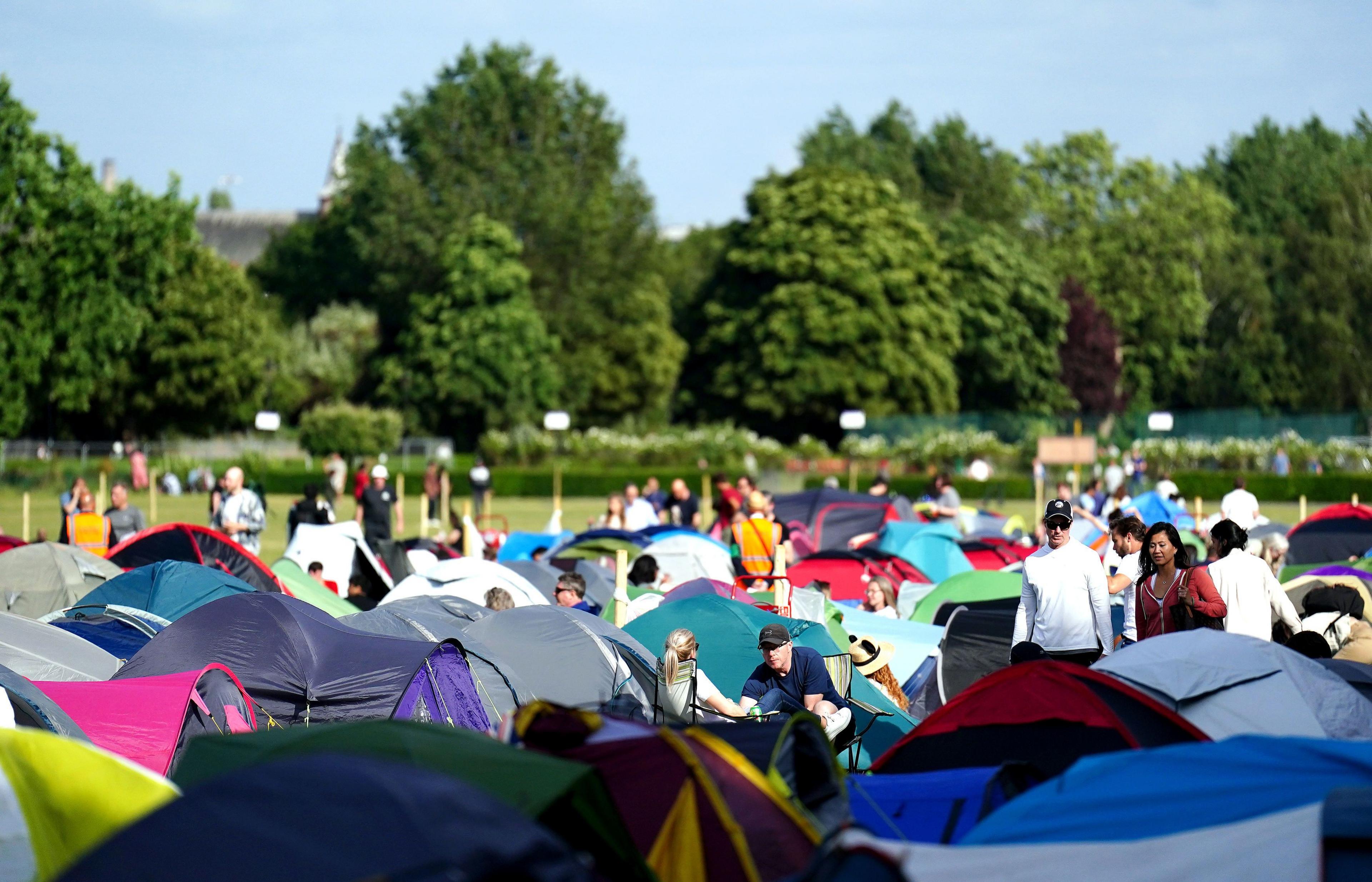 A sea of colourful tents fill up the campsite at the Wimbledon queue