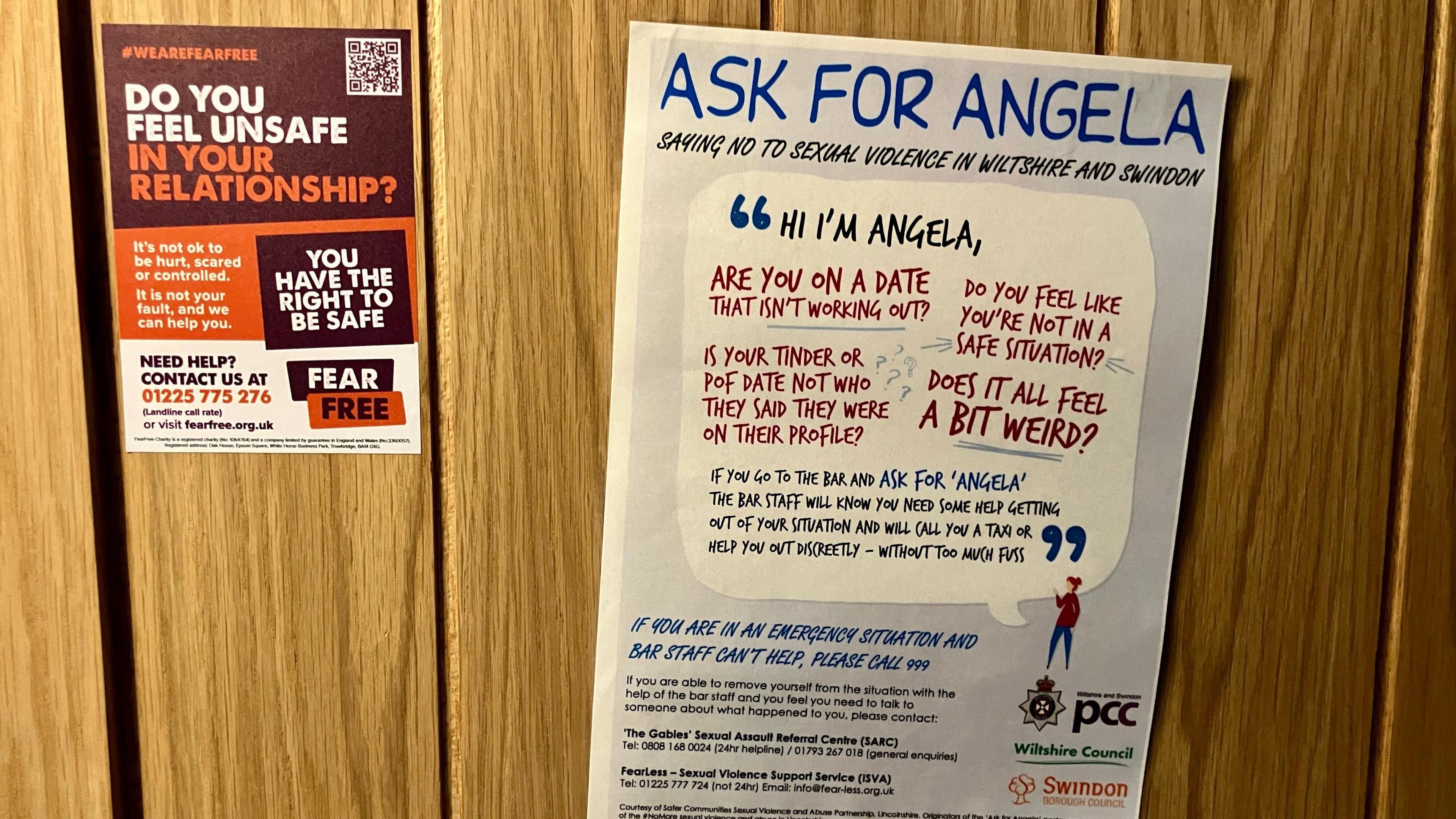 A large "Ask for Angela" poster attached to an MDF noticeboard. There is another smaller notice alongside which asks "Do you feel unsafe?"