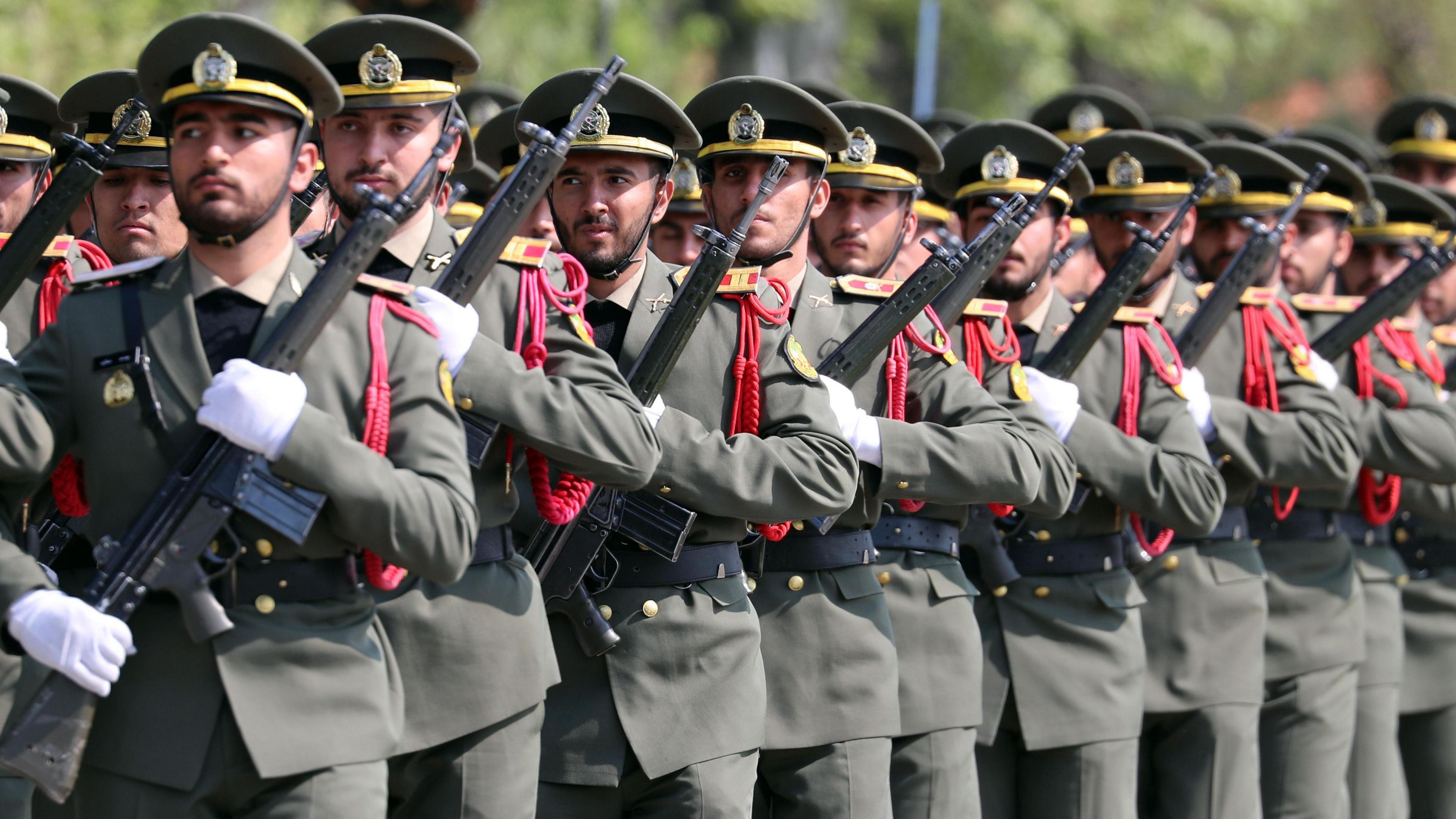 Iranian soldiers parade during the annual Army Day celebration at a military base in Tehran, Iran