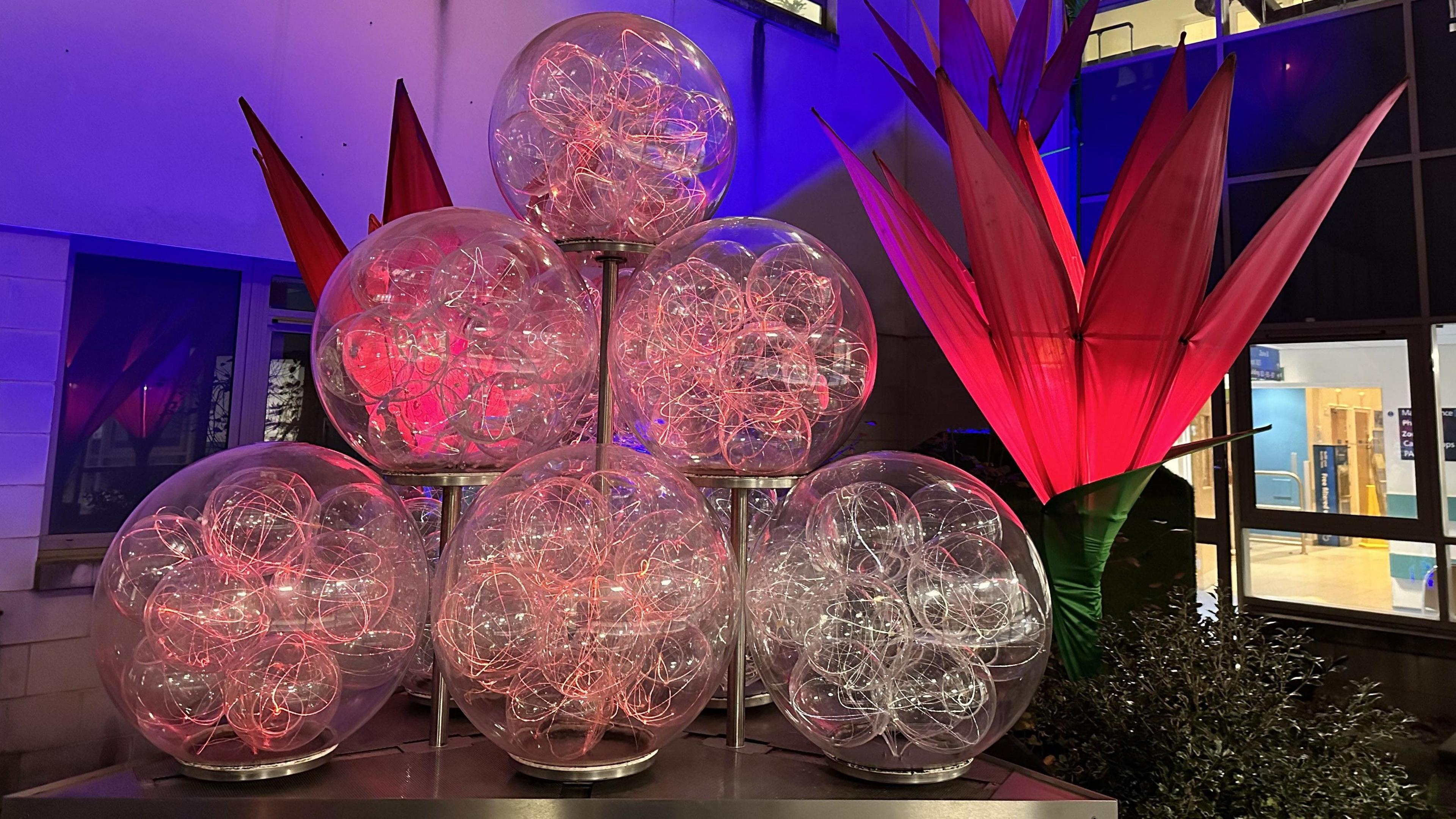 An orb display at the foot of a flower sculpture at the Royal United Hospital in Bath. There are six glass domes filled with coiling wire lights standing on silver pedestals. Behind them there are at least three large flower sculptures lit up in pink. 