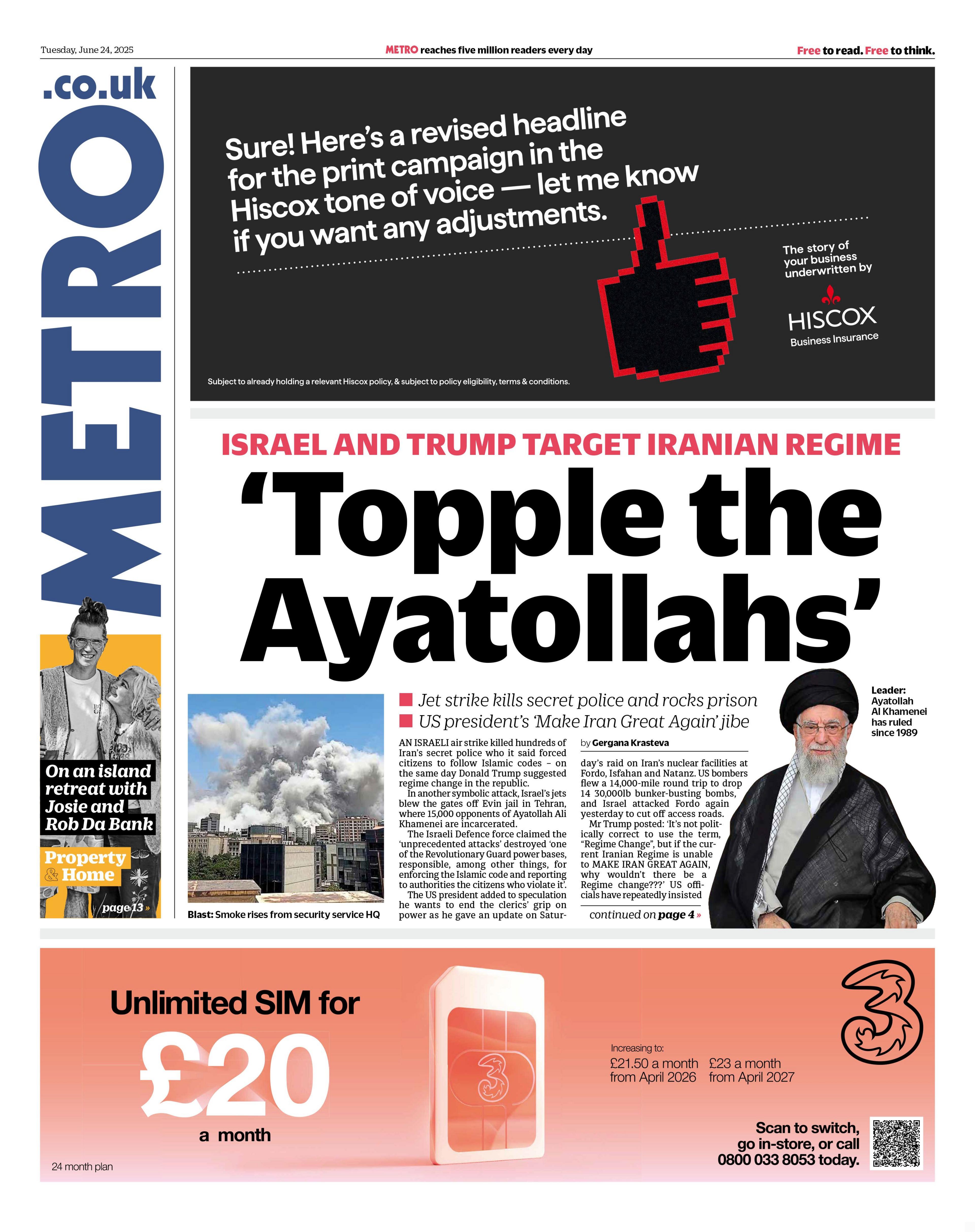 Topple the Ayatollahs reads the front page of the Metro