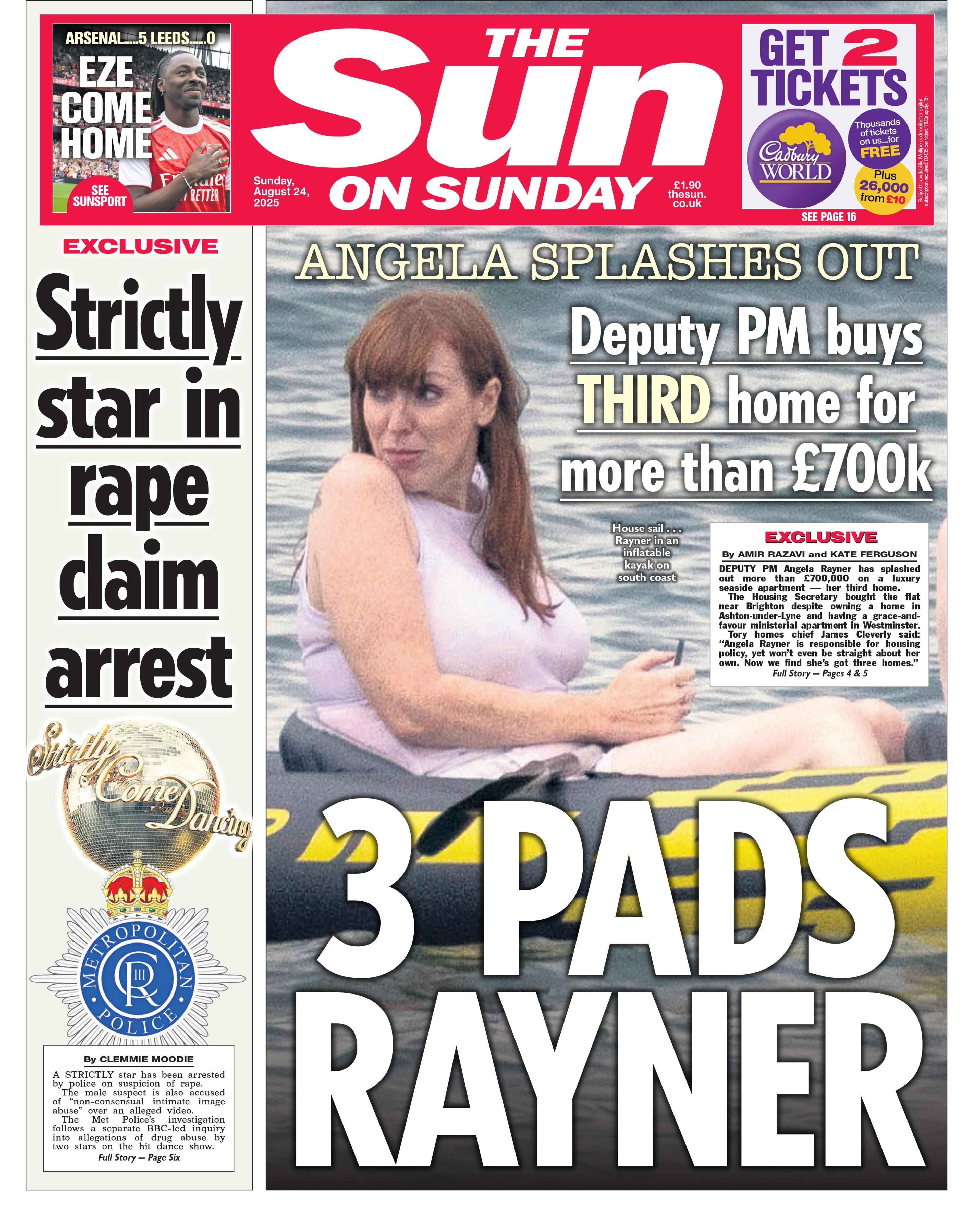 The headline on the front page of the Sun reads: “3 pads Rayner”.