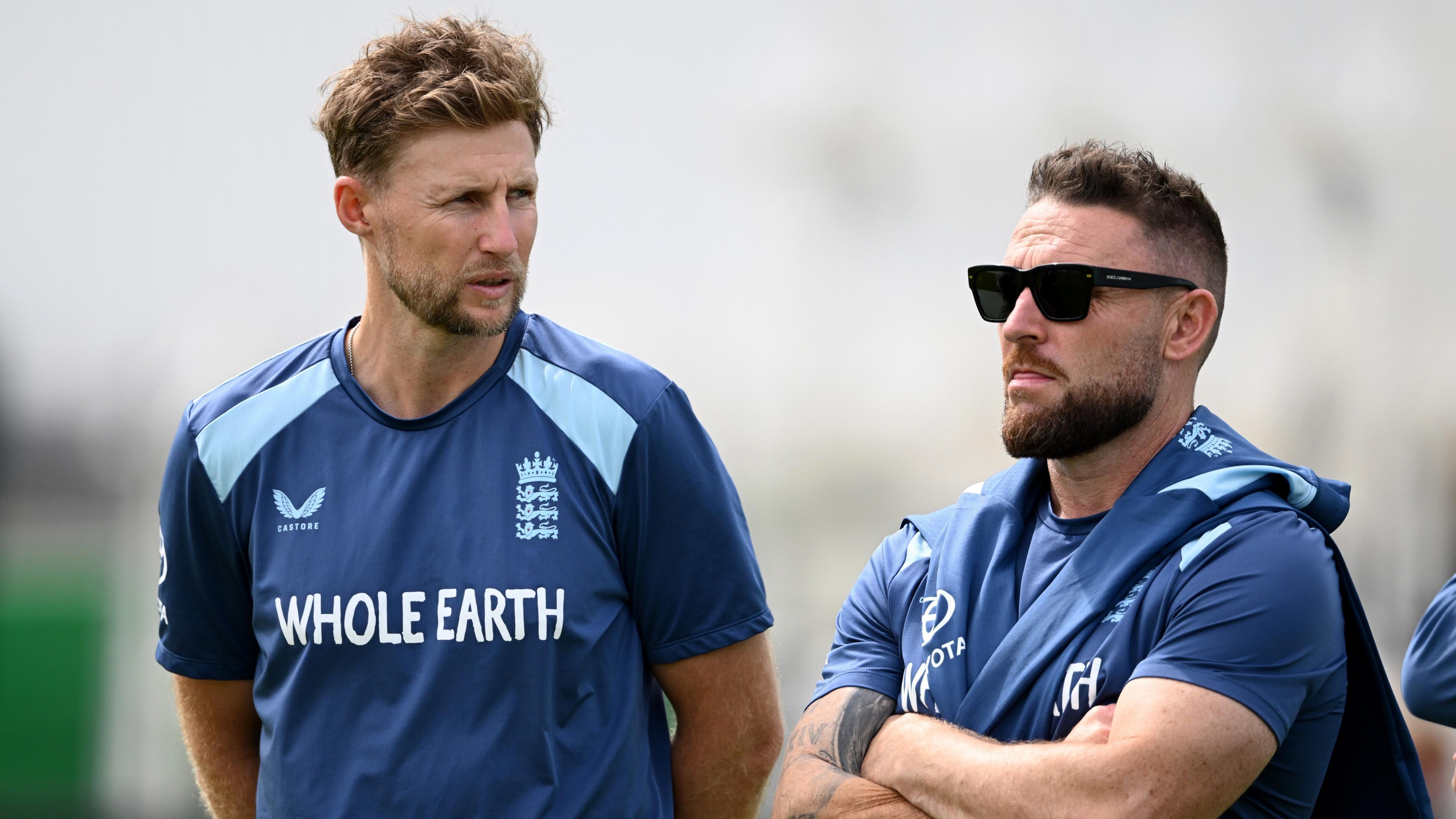 Joe Root and Brendon McCullum during an England training session