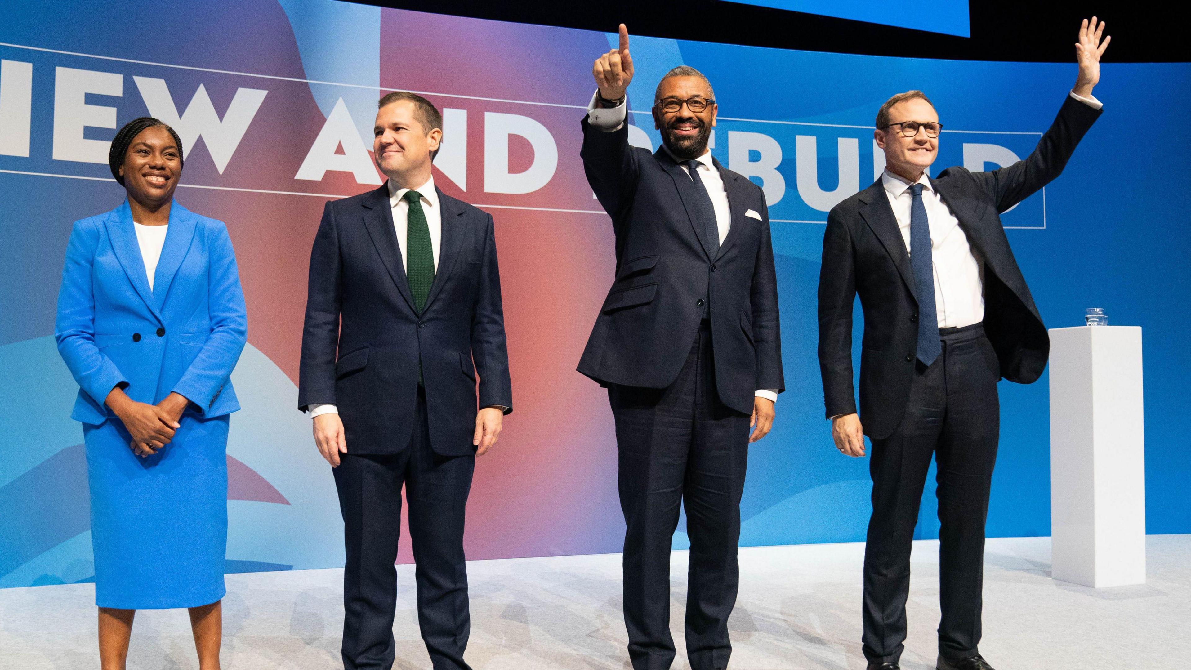 Badenoch, Jenrick, Cleverly and Tugendhat together on stage after delivering their speeches on the final day of the Conservative Party conference in Birmingham