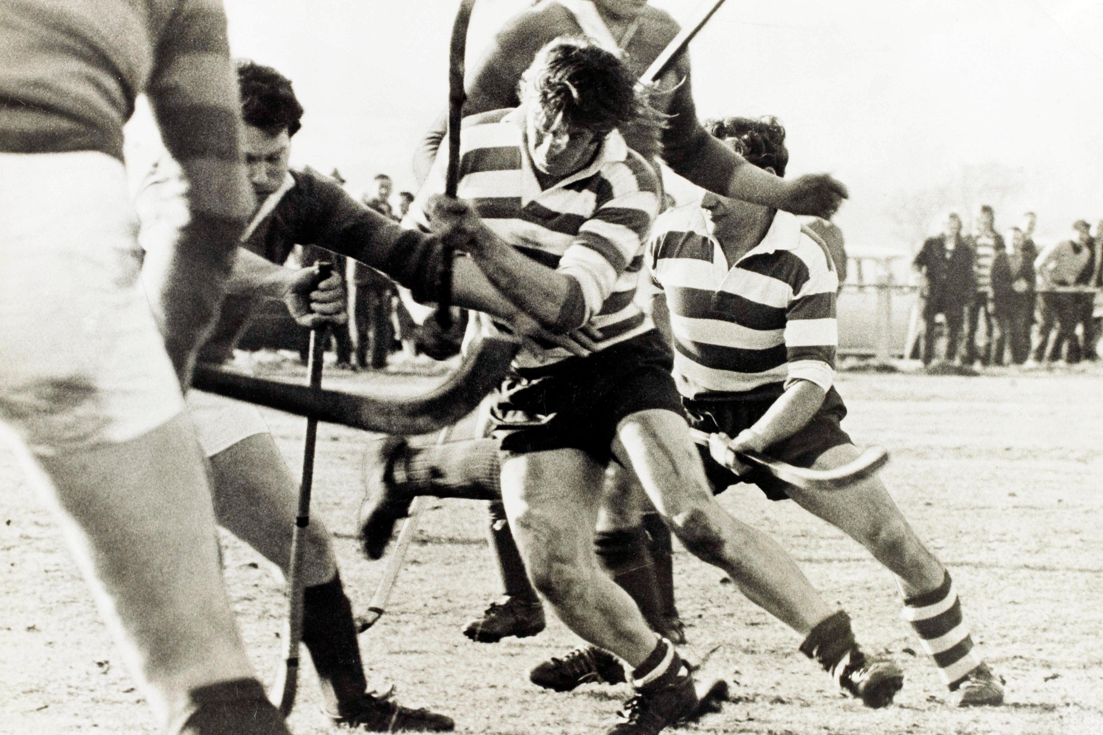 Kingussie and Newtonmore clash in the 60s/70s. Jack Richmond Shinty Archive, Highland Archive Centre, courtesy of Am Baile, High Life Highland
