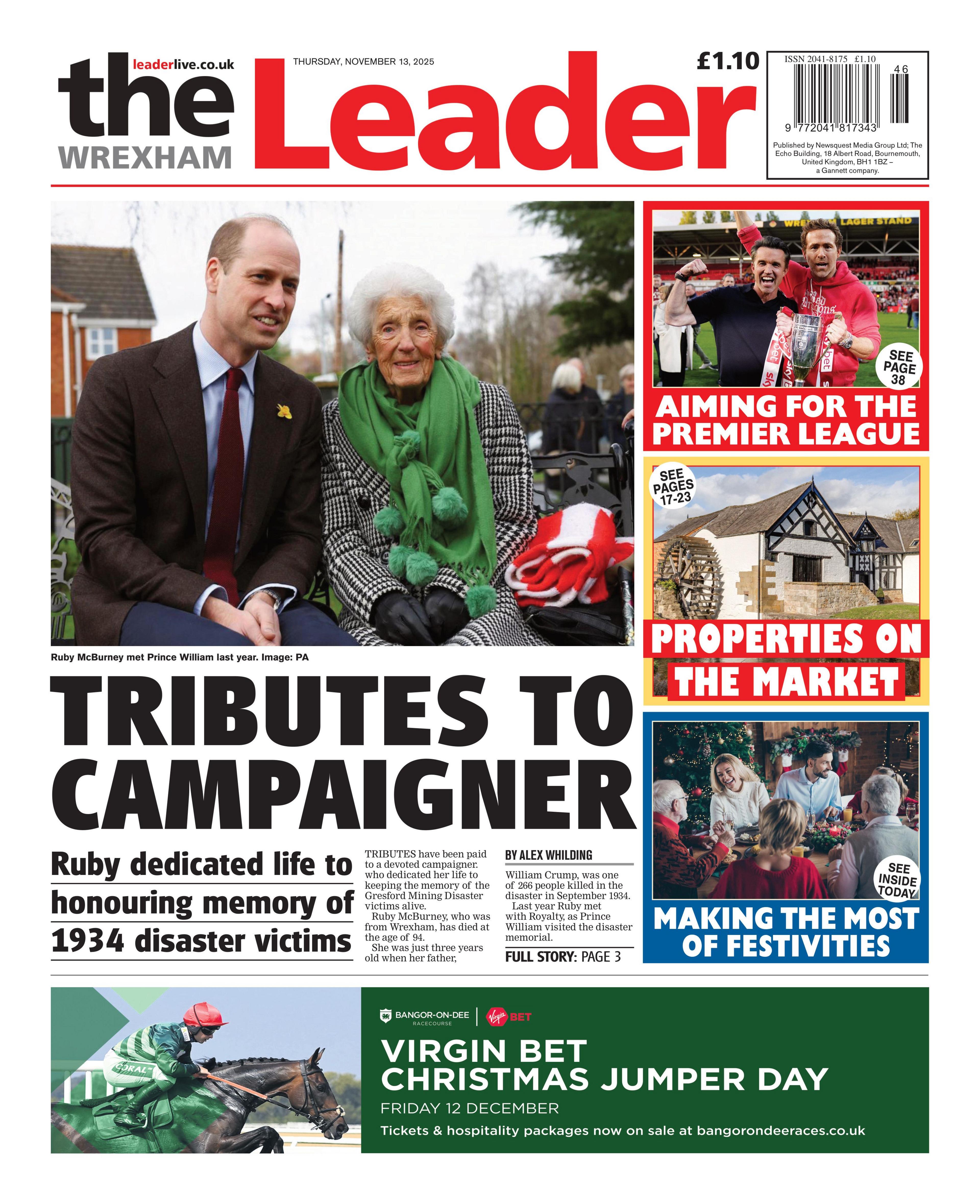 Front page of Wrexham Leader. The headline is "Tributes to Campaigner" and the image is of Prince William and a woman 