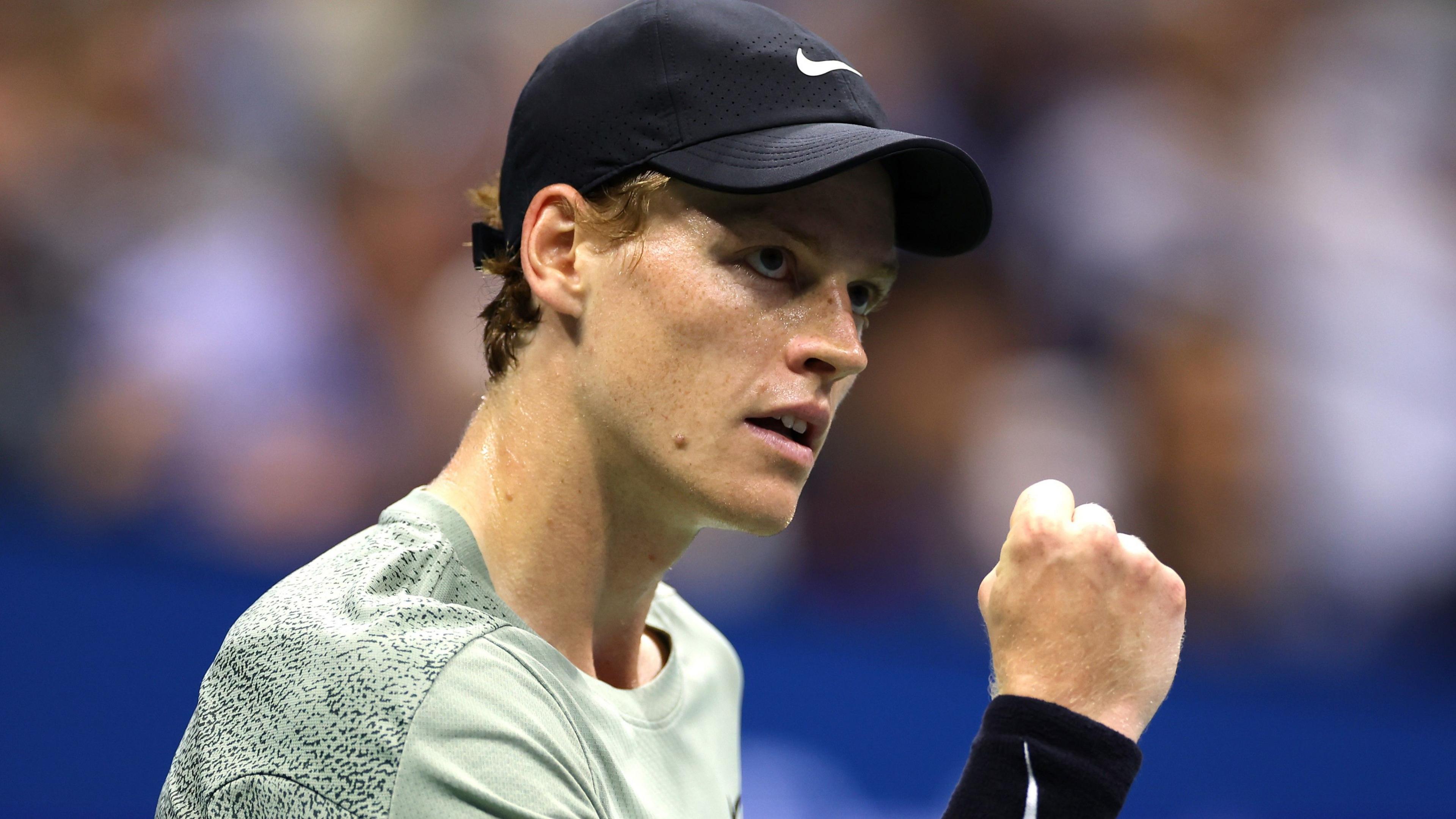 Jannik Sinner celebrates a point against Tommy Paul at the US Open