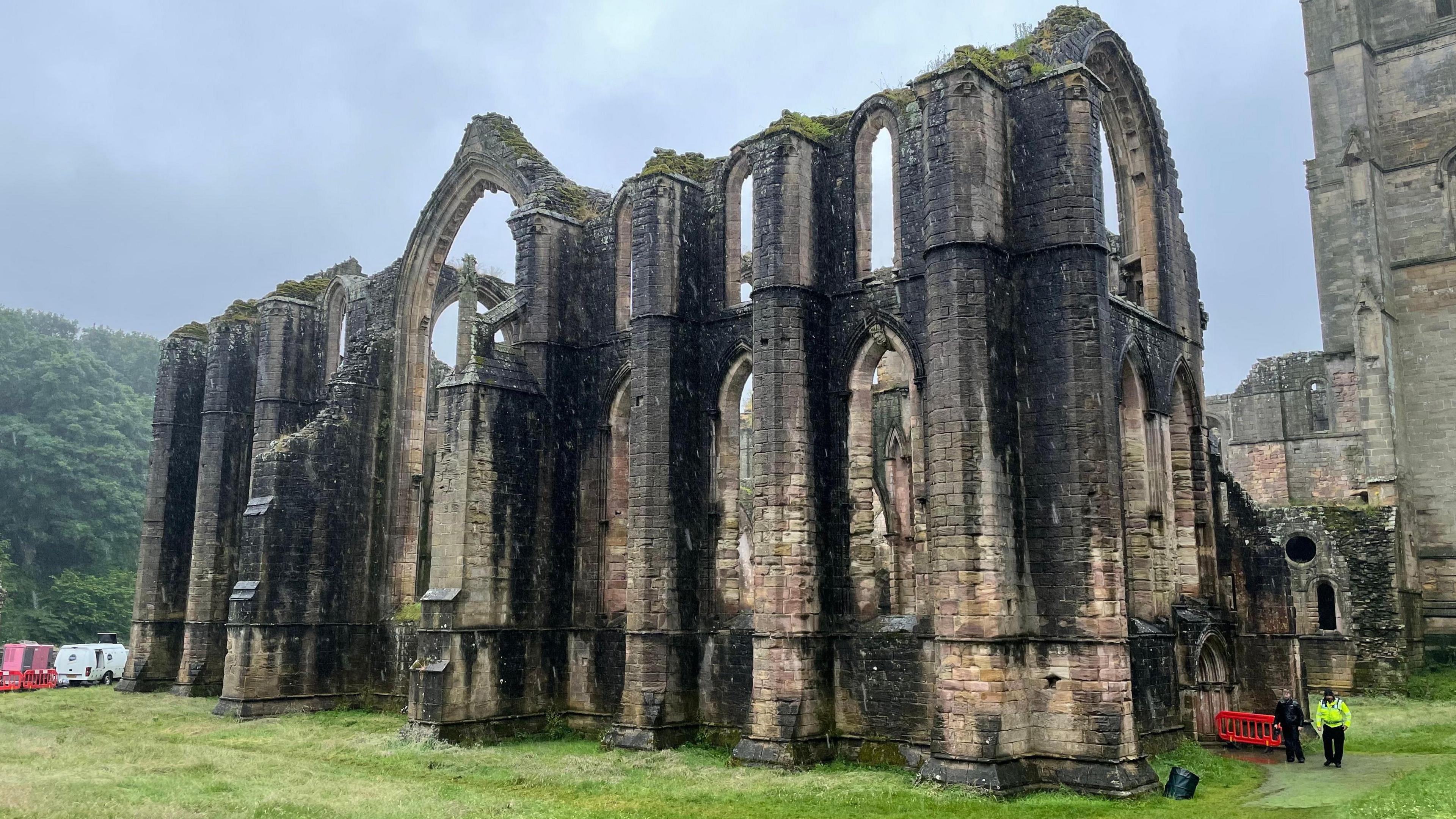 Film crews in the remains of Fountains Abbey