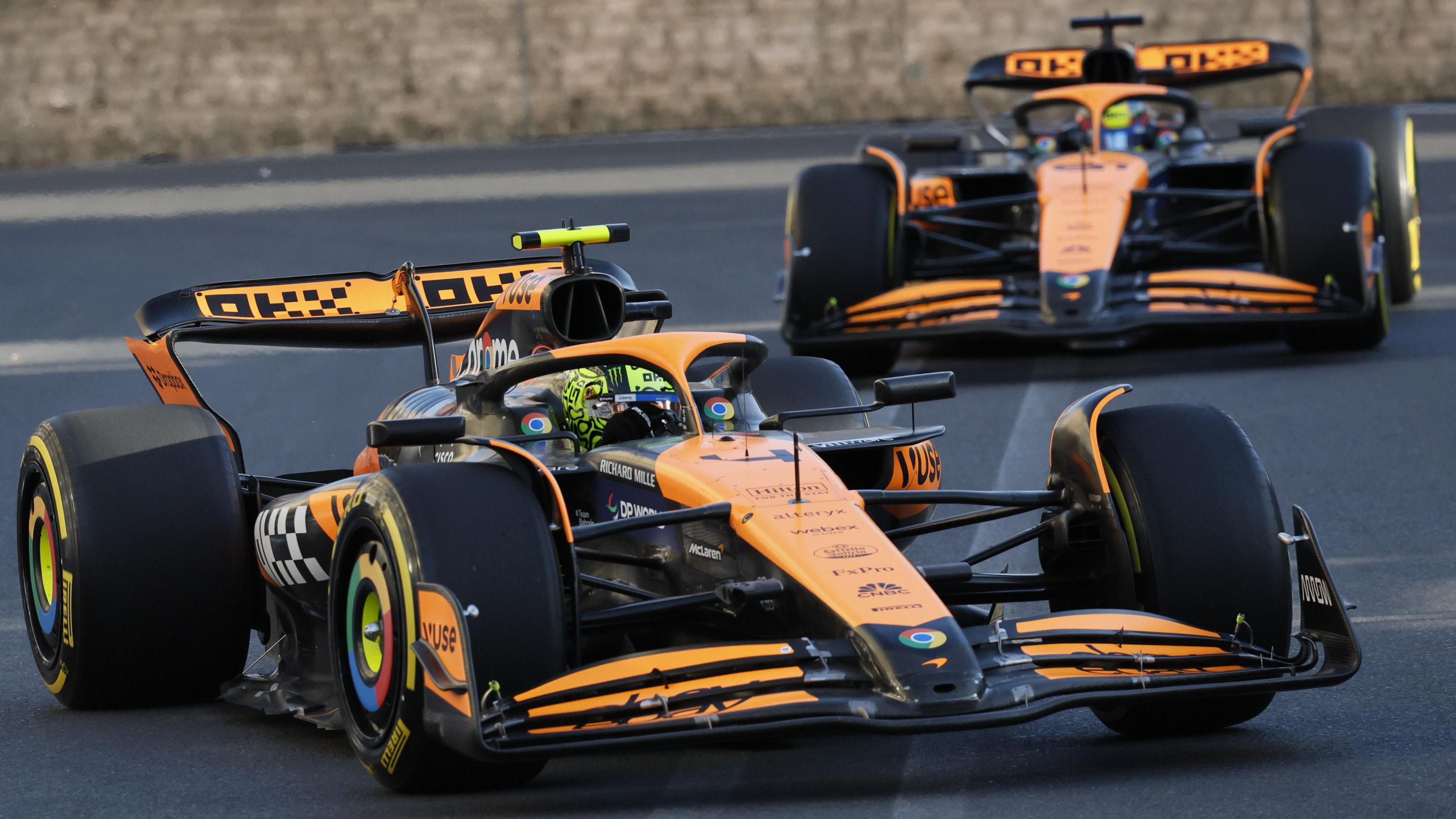 McLarens of Lando Norris and Oscar Piastri on the Baku circuit during second practice for the Azerbaijan Grand Prix