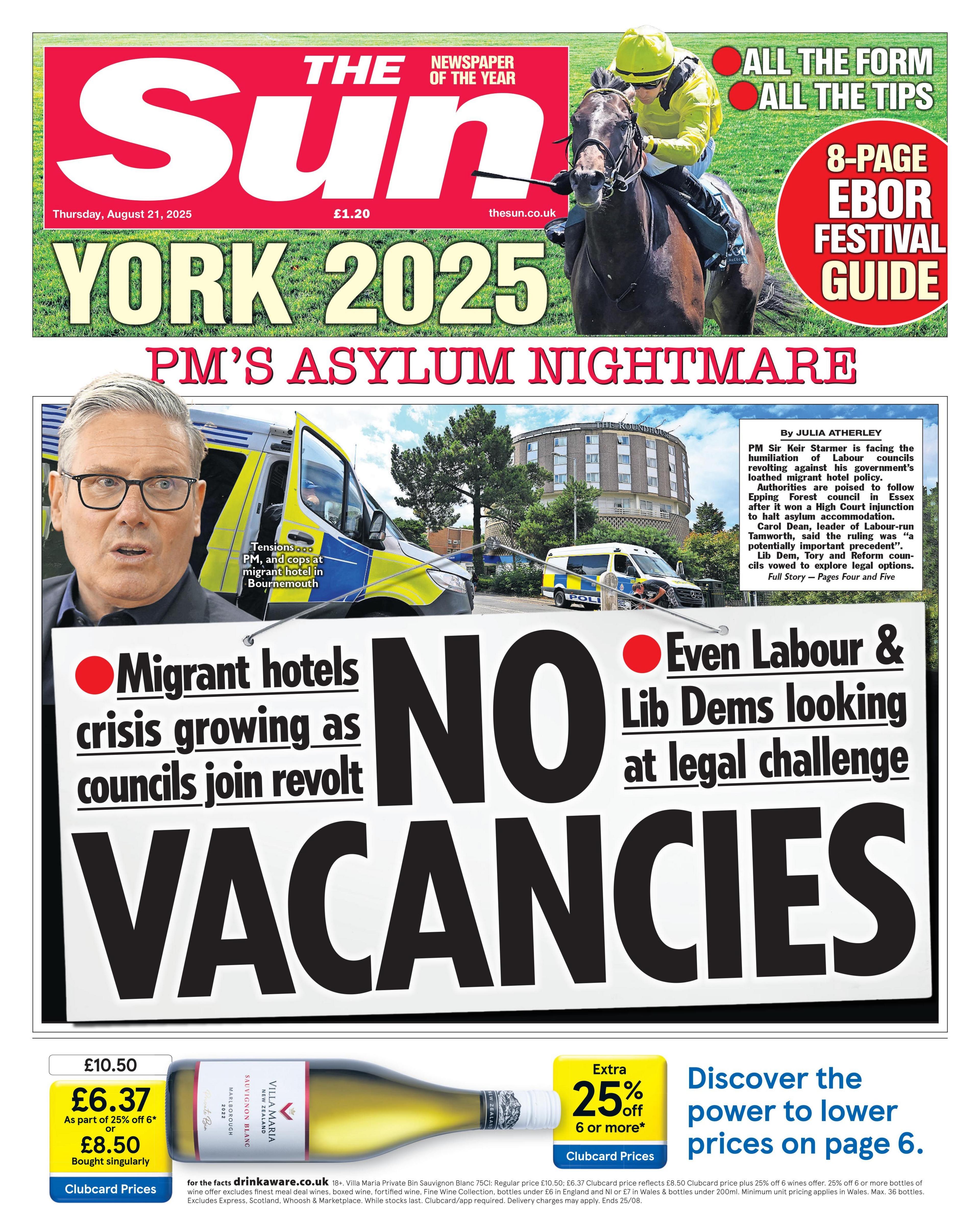 "No vacancies" reads the headline on the front page of The Sun.